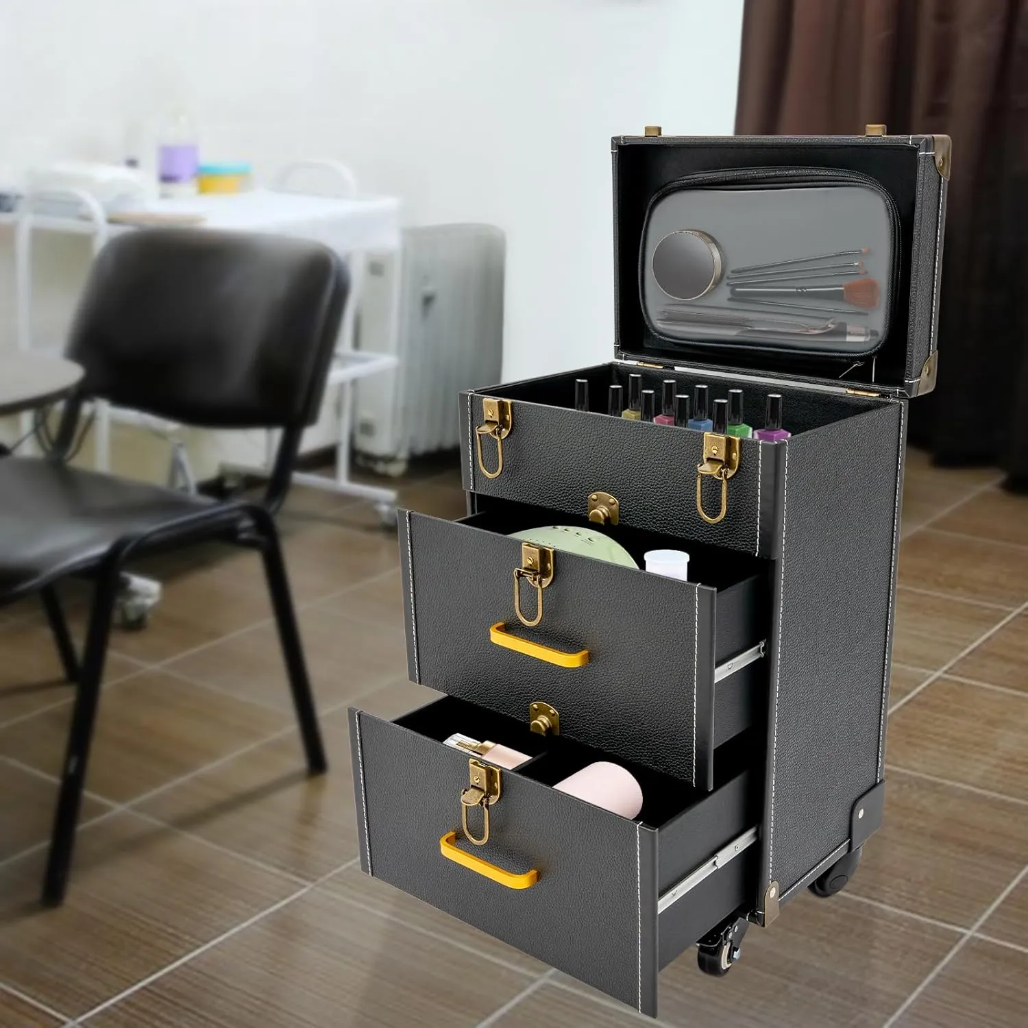 Rolling Makeup Case Large Capacity Cosmetic Case Trolley Hand-held/Hand-pulled Make Up Organizer Box Suitcase Cosmetic Trolley Makeup Suitcase W/Lock & Silent Universal Wheels (Black Bronze)