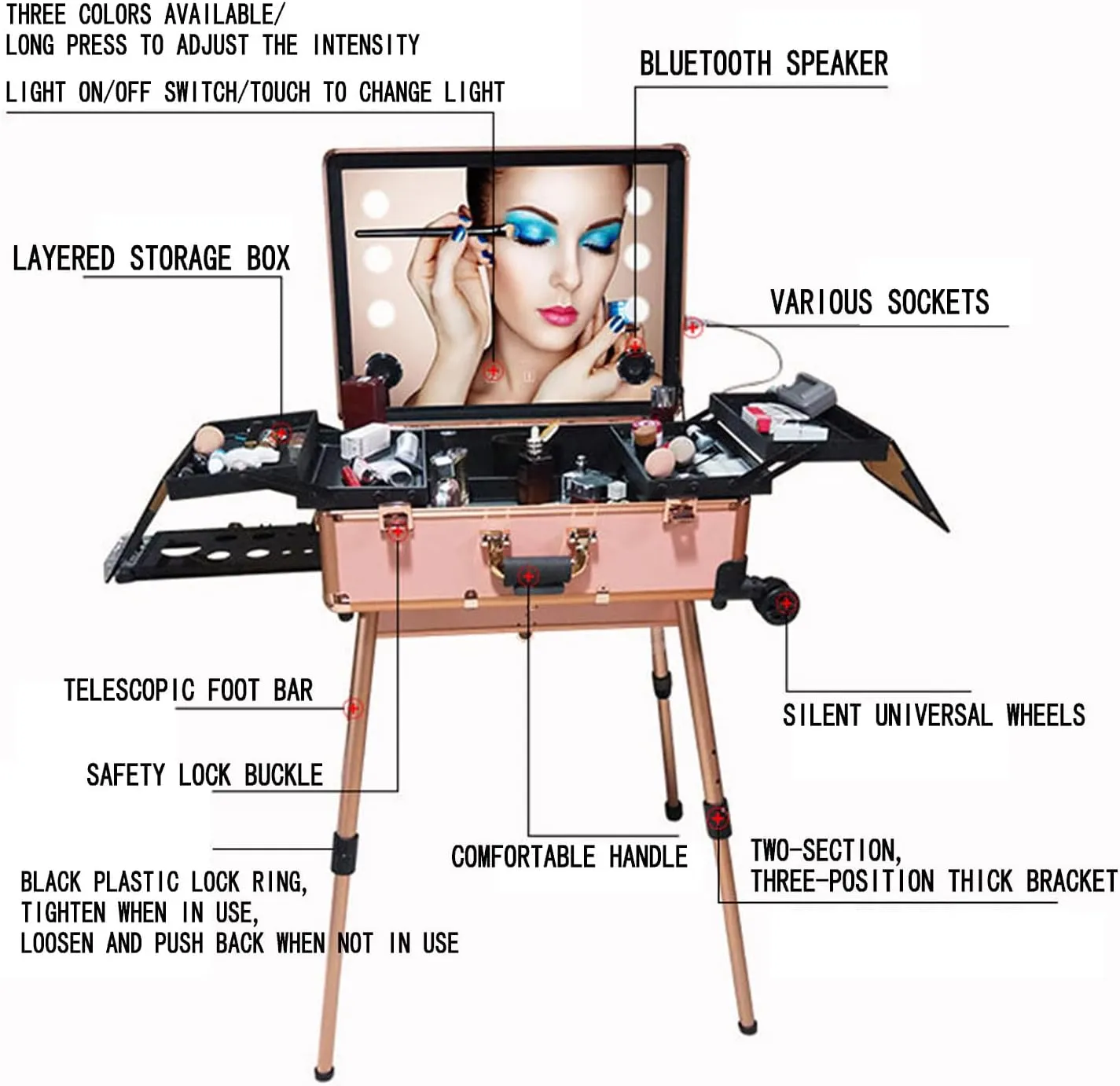 Rolling Makeup Case Large Storage Makeup Trolley, Makeup Case with Lighted Mirror, Speaker Travel Makeup Organizer, Professional Artist Trolley Studio Freestanding Case,Silver