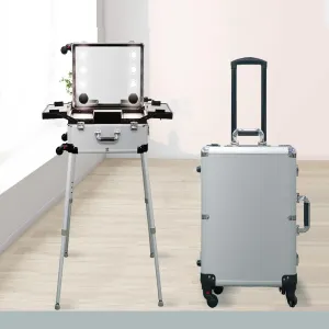 Rolling Makeup Case Large Storage Makeup Trolley, Makeup Case with Lighted Mirror, Speaker Travel Makeup Organizer, Professional Artist Trolley Studio Freestanding Case,Silver