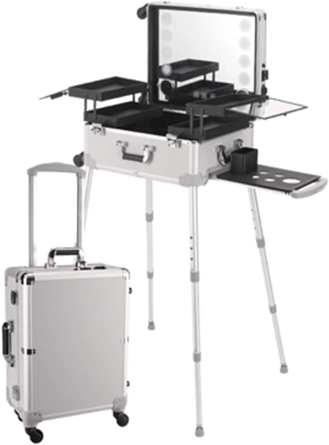 Rolling Makeup Case Large Storage Makeup Trolley, Makeup Case with Lighted Mirror, Speaker Travel Makeup Organizer, Professional Artist Trolley Studio Freestanding Case,Silver