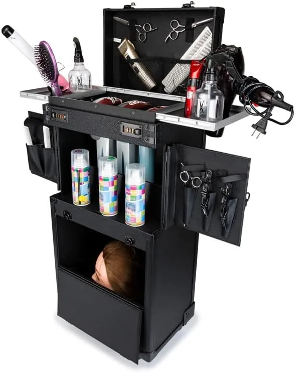 Rolling Makeup Case ，Makeup Train Travel Case，Retro Stylist Brake Wheel Telescopic Handle With Hair Dryer Bracket High Capacity Travel Portable Scissors Kit