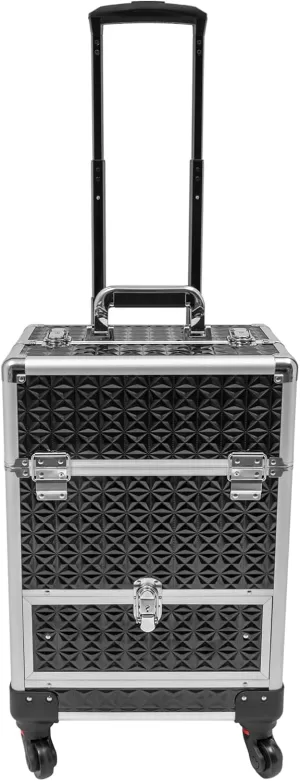 Rolling Makeup Case on Wheels with Drawer Traveling Aluminum Professional Makeup Trolley Cart Rolling Train Case Makeup Organizer Case for Beauty Salon (Black-Silver Frame)