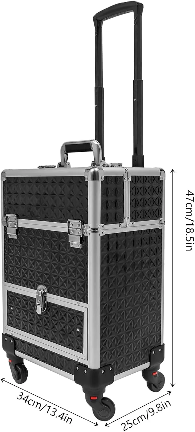 Rolling Makeup Case on Wheels with Drawer Traveling Aluminum Professional Makeup Trolley Cart Rolling Train Case Makeup Organizer Case for Beauty Salon (Black-Silver Frame)