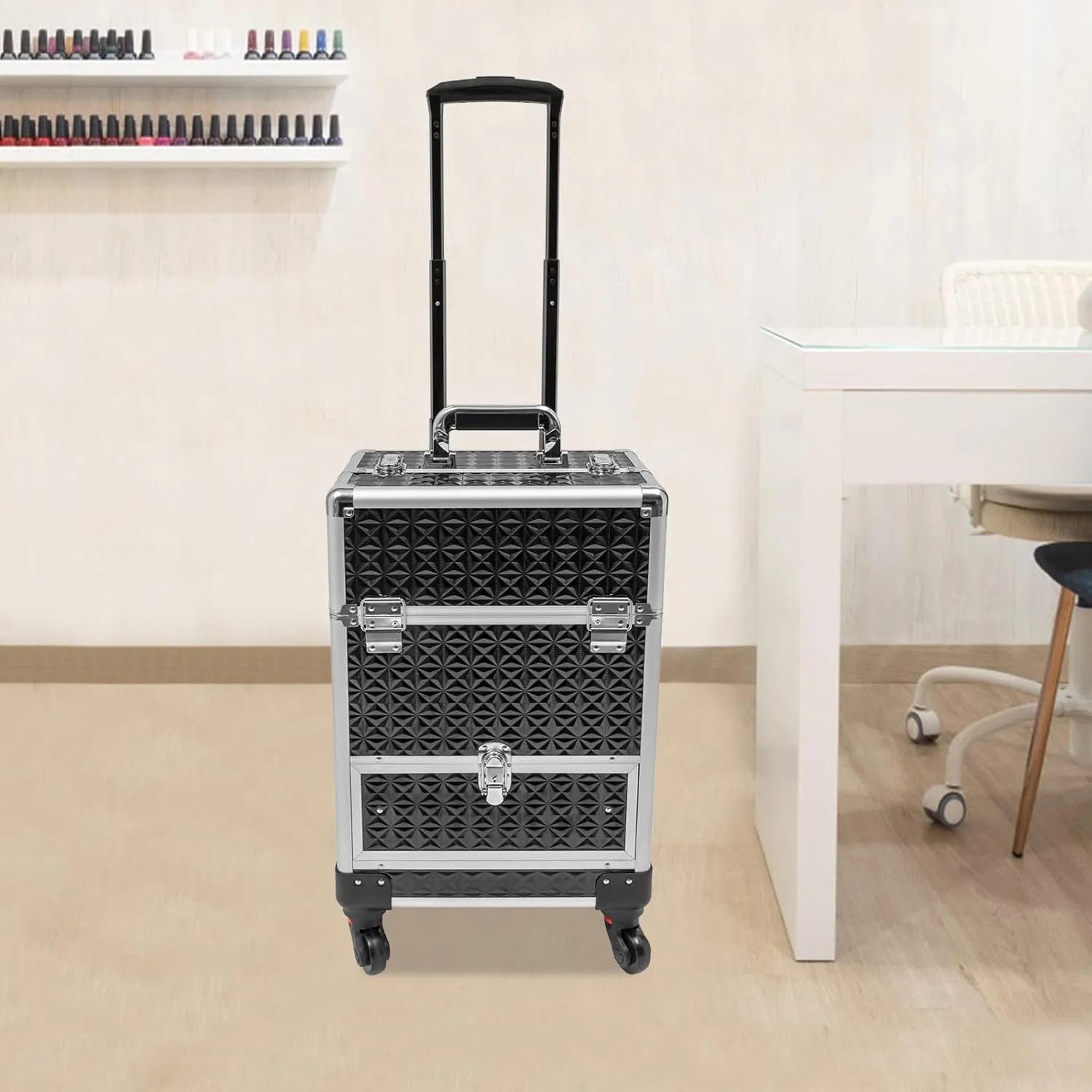 Rolling Makeup Case on Wheels with Drawer Traveling Aluminum Professional Makeup Trolley Cart Rolling Train Case Makeup Organizer Case for Beauty Salon (Black-Silver Frame)
