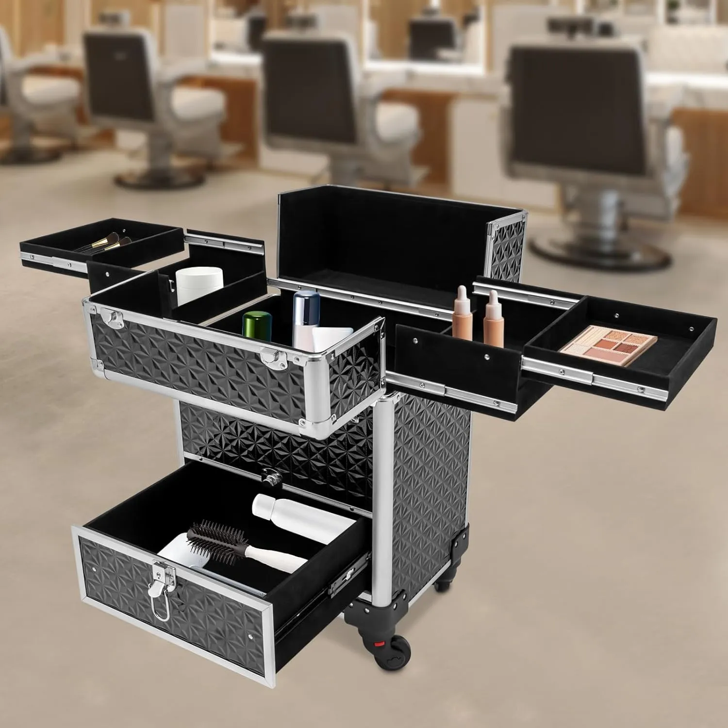 Rolling Makeup Case on Wheels with Drawer Traveling Aluminum Professional Makeup Trolley Cart Rolling Train Case Makeup Organizer Case for Beauty Salon (Black-Silver Frame)
