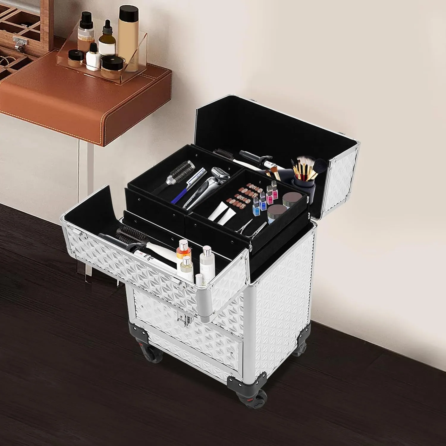 Rolling Makeup Case on Wheels with Drawers Traveling Aluminum Professional Makeup Trolley Cart Rolling Train Case Cosmetic Organizer Case for Beauty Salon (Silver)