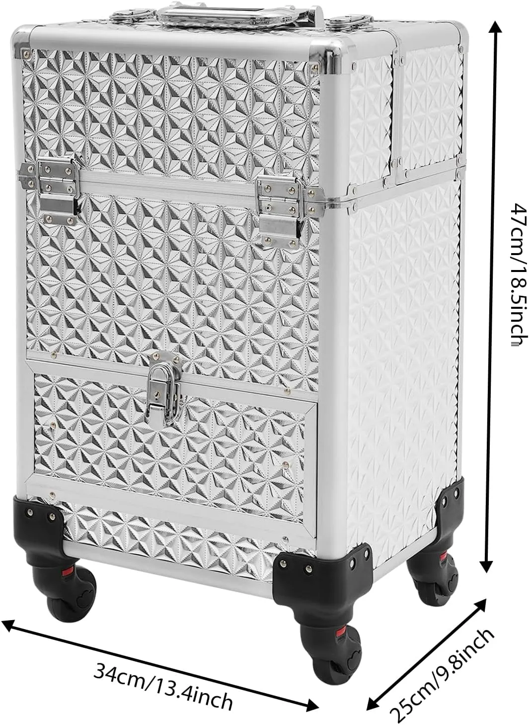 Rolling Makeup Case on Wheels with Drawers Traveling Aluminum Professional Makeup Trolley Cart Rolling Train Case Cosmetic Organizer Case for Beauty Salon (Silver)