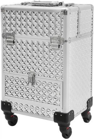 Rolling Makeup Case on Wheels with Drawers Traveling Aluminum Professional Makeup Trolley Cart Rolling Train Case Cosmetic Organizer Case for Beauty Salon (Silver)