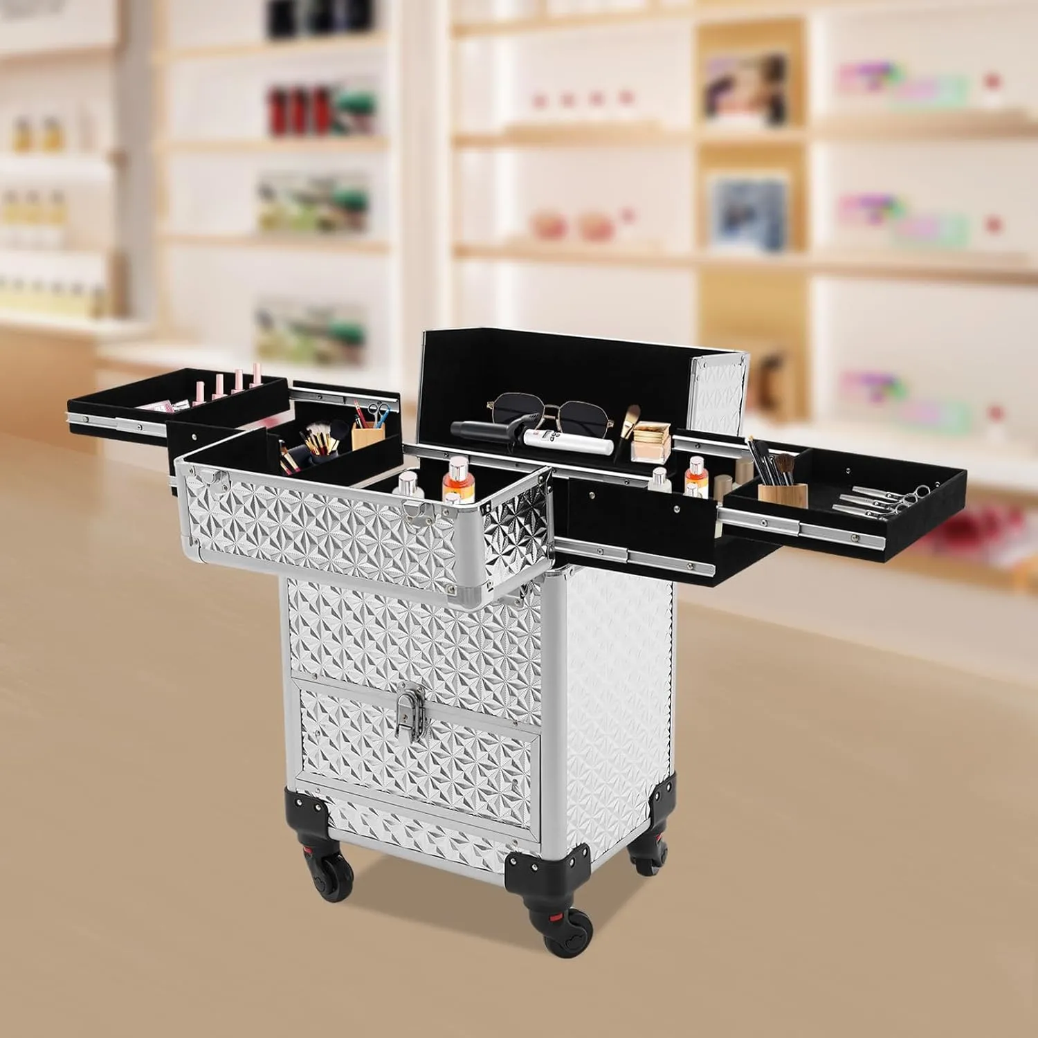 Rolling Makeup Case on Wheels with Drawers Traveling Aluminum Professional Makeup Trolley Cart Rolling Train Case Cosmetic Organizer Case for Beauty Salon (Silver)