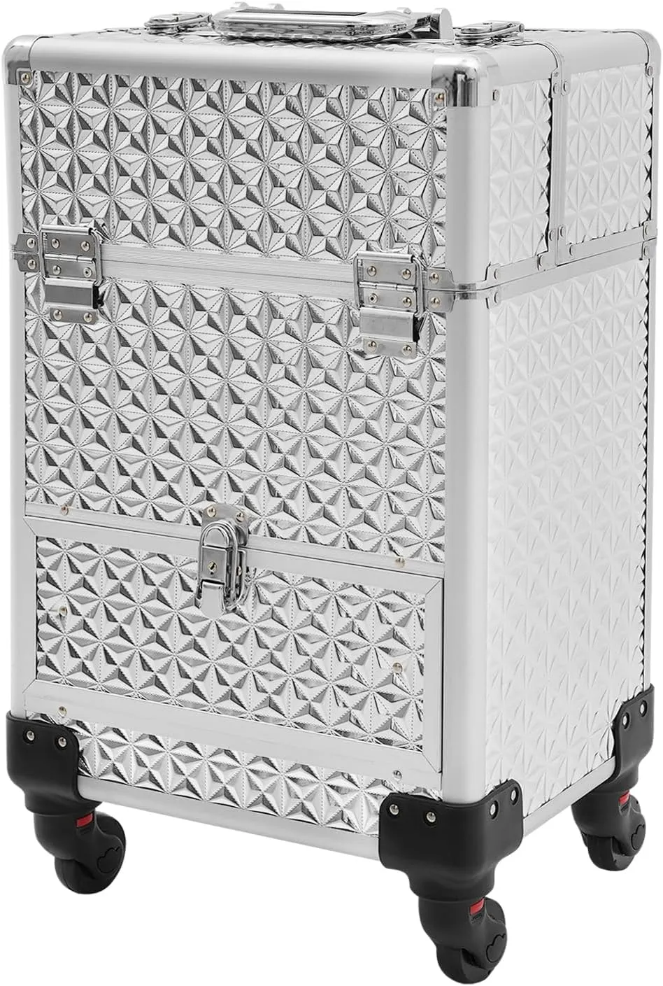 Rolling Makeup Case on Wheels with Drawers Traveling Aluminum Professional Makeup Trolley Cart Rolling Train Case Cosmetic Organizer Case for Beauty Salon (Silver)