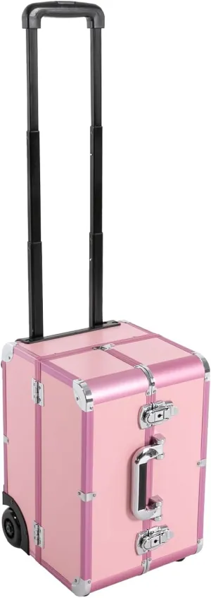 Rolling Makeup Case, Professional Cosmetic Trolley Case with Locks, Large Makeup Train Travel Case for Make-Up Artists Hairdressers Nail Technicians Beauticians (Pink)