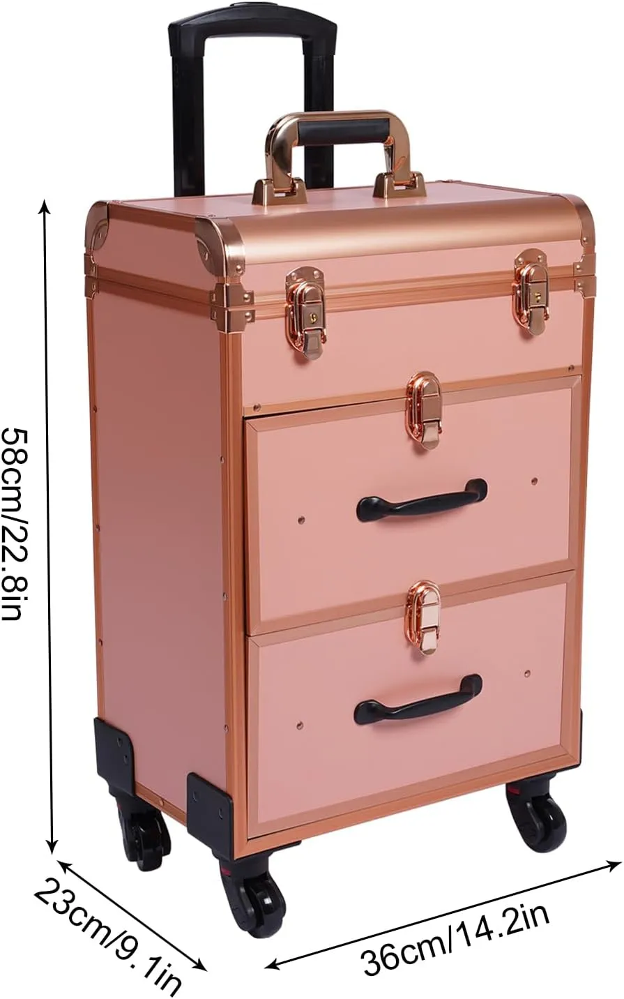 Rolling Makeup Case, Professional Makeup Trolley with Wheels, Manicure Storage Organizer, Traveling Trunk with Drawer for Studio/Esthetician/Manicurist Barber/Cosmetologist