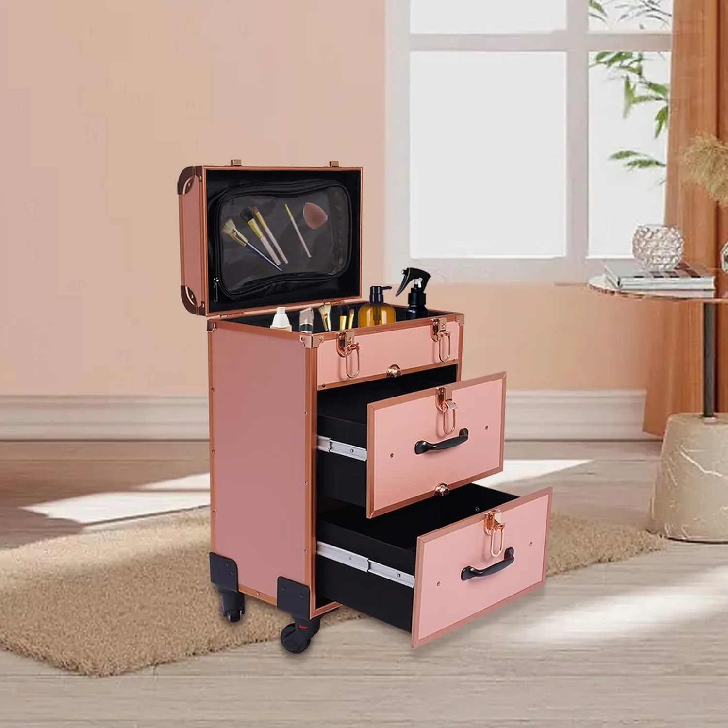 Rolling Makeup Case, Professional Makeup Trolley with Wheels, Manicure Storage Organizer, Traveling Trunk with Drawer for Studio/Esthetician/Manicurist Barber/Cosmetologist