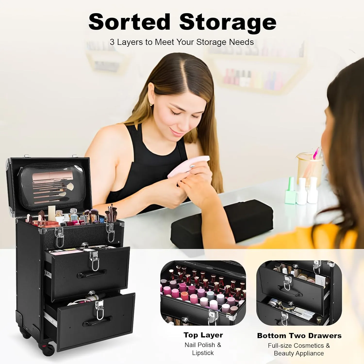 Rolling Makeup Case, Professional Makeup Trolley with Wheels, Manicure Storage Organizer, Traveling Trunk with Drawer for Studio/Esthetician/Manicurist Barber/Cosmetologist