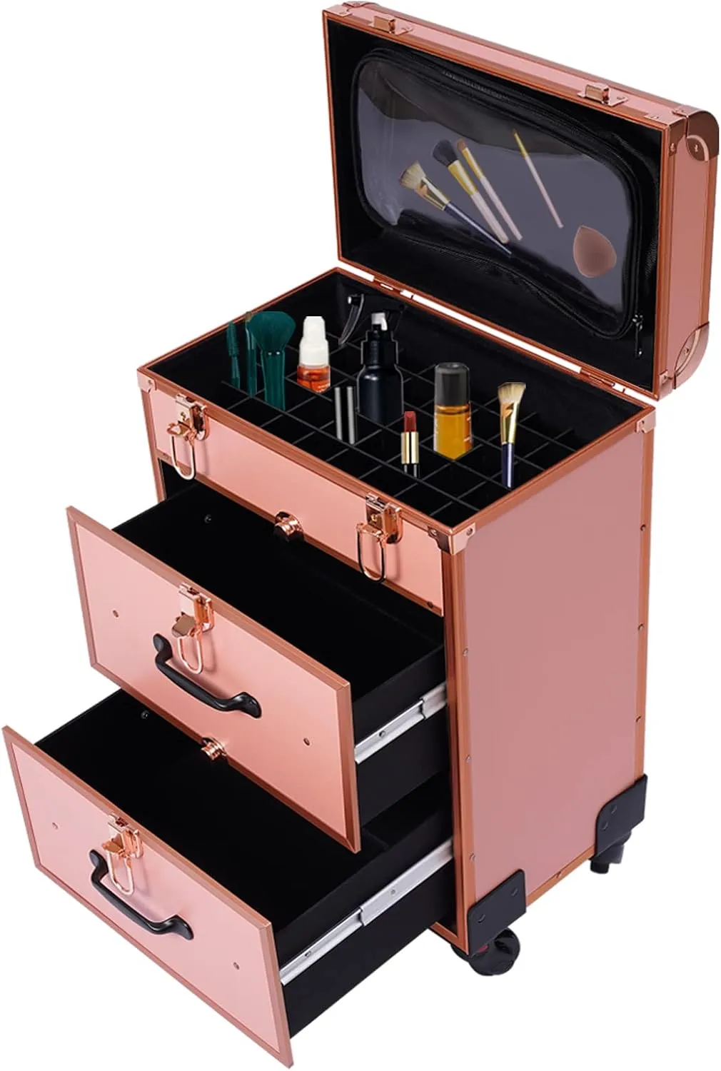 Rolling Makeup Case, Professional Makeup Trolley with Wheels, Manicure Storage Organizer, Traveling Trunk with Drawer for Studio/Esthetician/Manicurist Barber/Cosmetologist
