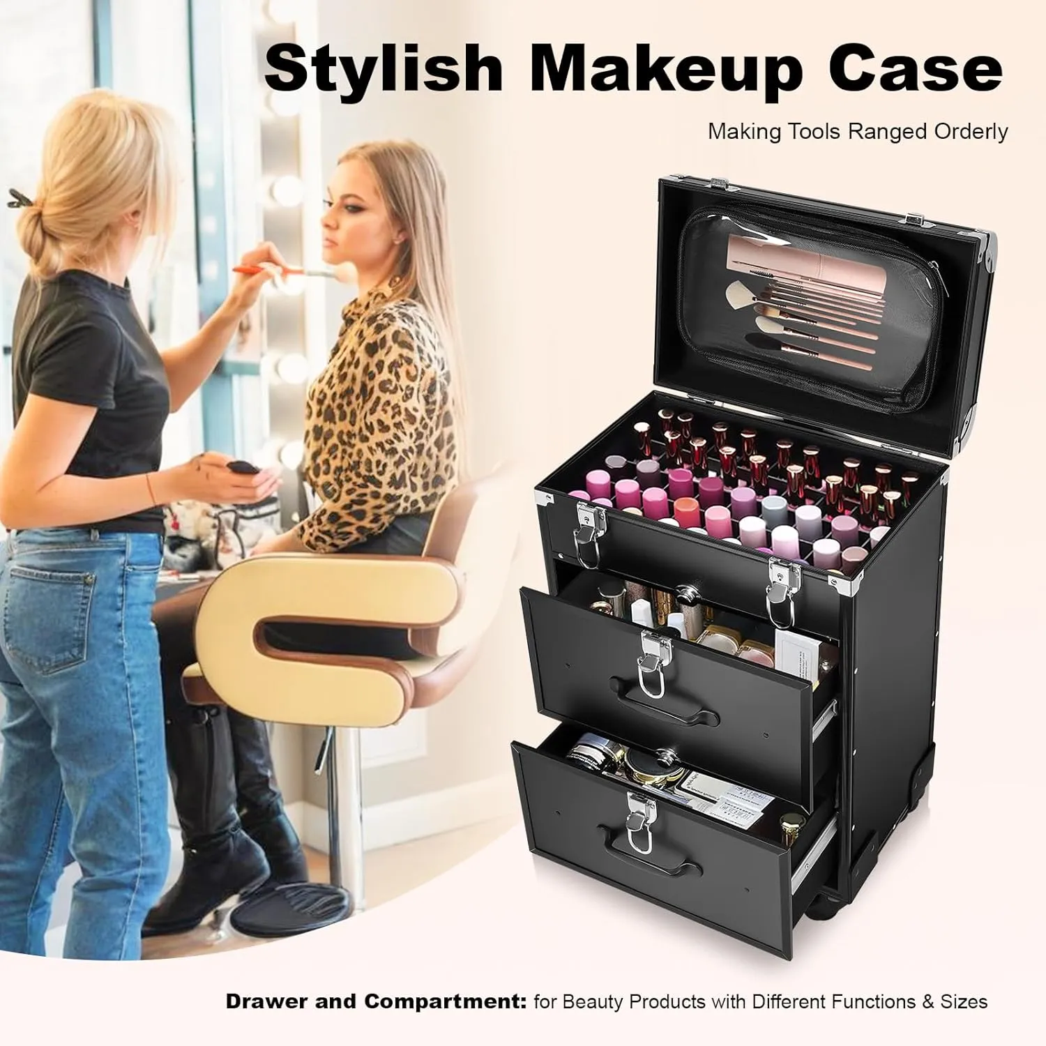 Rolling Makeup Case, Professional Makeup Trolley with Wheels, Manicure Storage Organizer, Traveling Trunk with Drawer for Studio/Esthetician/Manicurist Barber/Cosmetologist