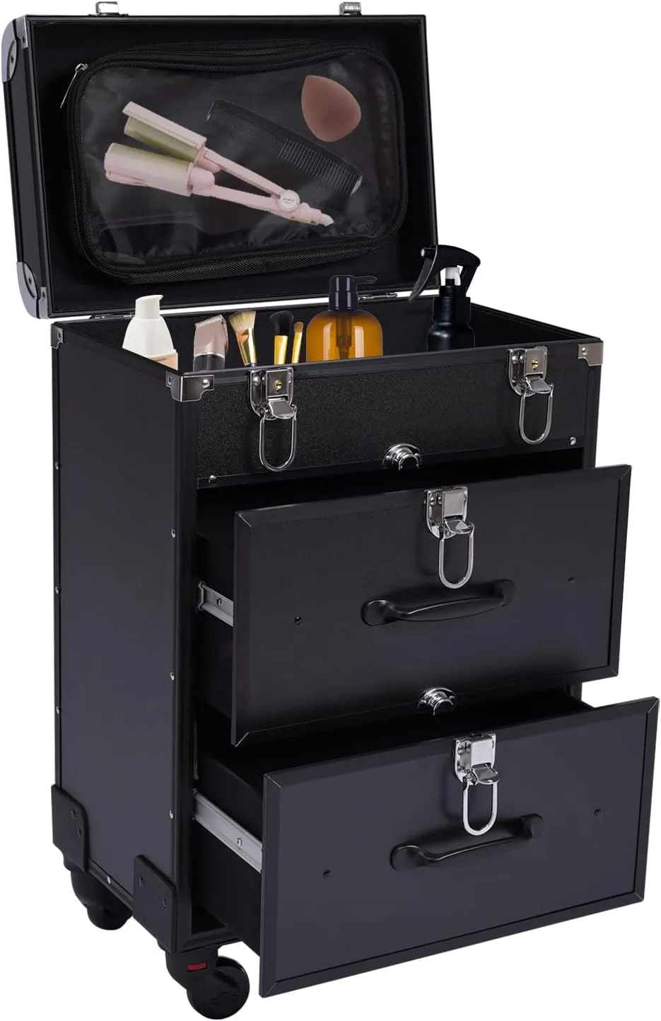 Rolling Makeup Case, Professional Makeup Trolley with Wheels, Manicure Storage Organizer, Traveling Trunk with Drawer for Studio/Esthetician/Manicurist Barber/Cosmetologist