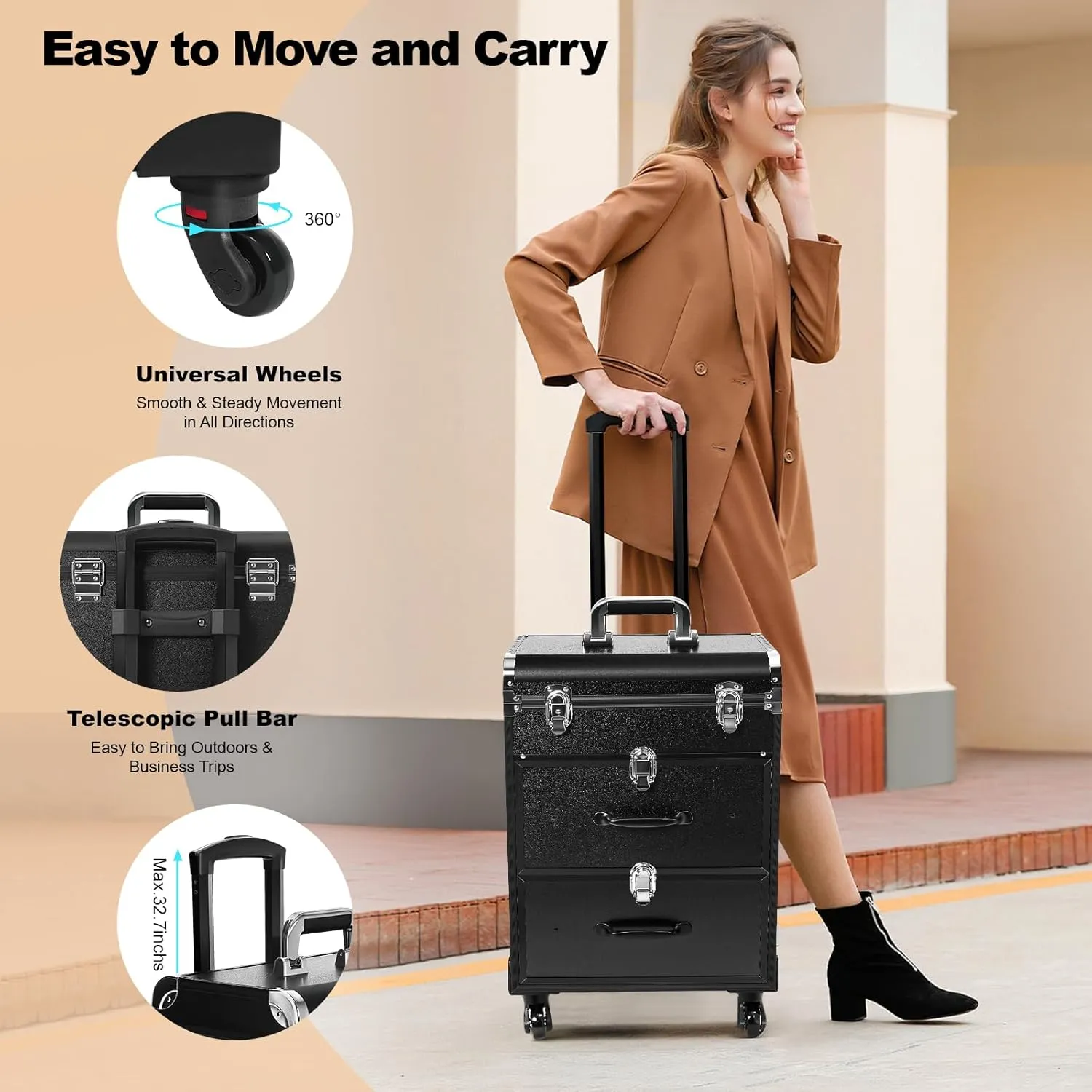 Rolling Makeup Case, Professional Makeup Trolley with Wheels, Manicure Storage Organizer, Traveling Trunk with Drawer for Studio/Esthetician/Manicurist Barber/Cosmetologist