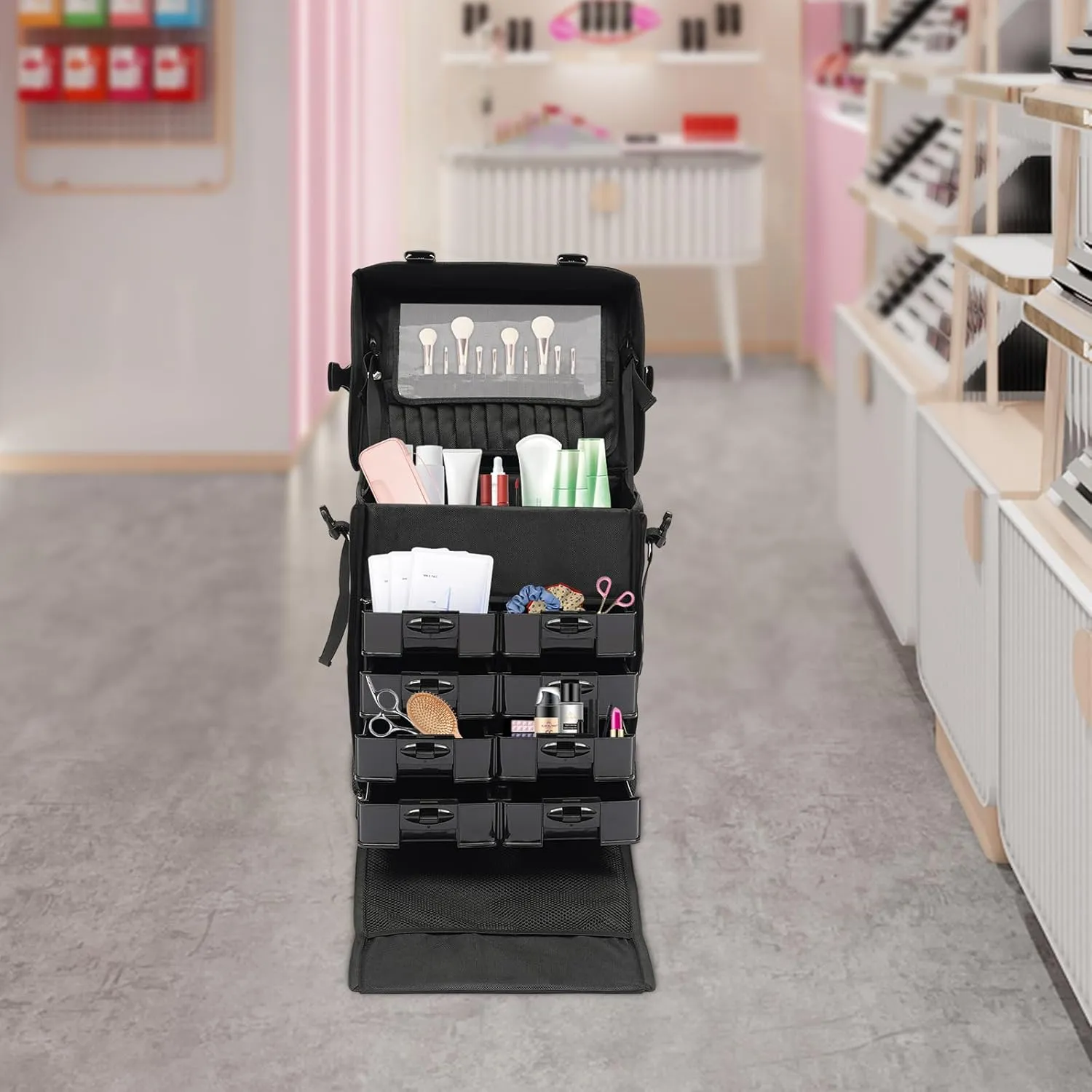 Rolling Makeup Case, Professional Soft Sided Makeup Case Trolley, Makeup Suitcase with Wheels, Trolley for Makeup Artist Nail Technician Hairstylist (Style A)