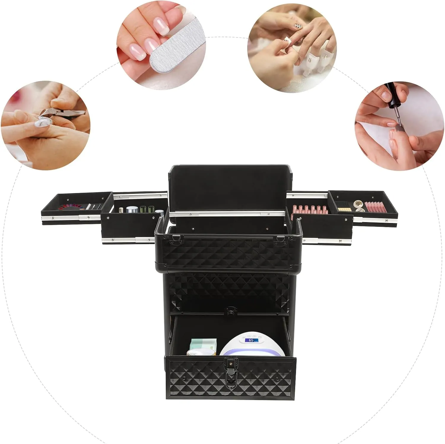 Rolling Makeup Case with Drawer Cosmetic Trolley 3 Tier Travel Cosmetic Organizer on Wheels Salon Barber Case for Makeup Artist Tattooist Nail Tech Hairstylists (Black)