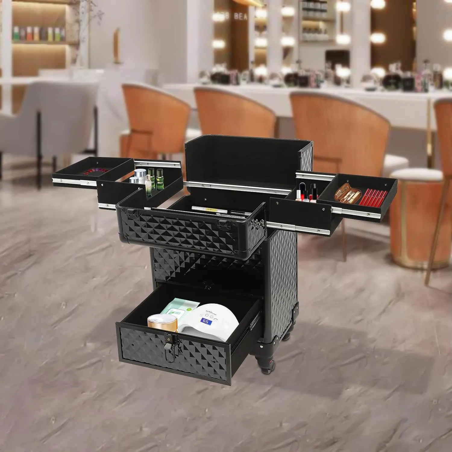 Rolling Makeup Case with Drawer Cosmetic Trolley 3 Tier Travel Cosmetic Organizer on Wheels Salon Barber Case for Makeup Artist Tattooist Nail Tech Hairstylists (Black)