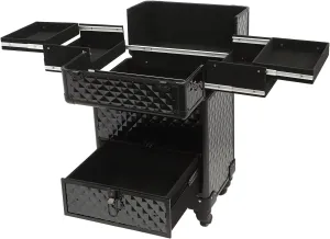 Rolling Makeup Case with Drawer Cosmetic Trolley 3 Tier Travel Cosmetic Organizer on Wheels Salon Barber Case for Makeup Artist Tattooist Nail Tech Hairstylists (Black)