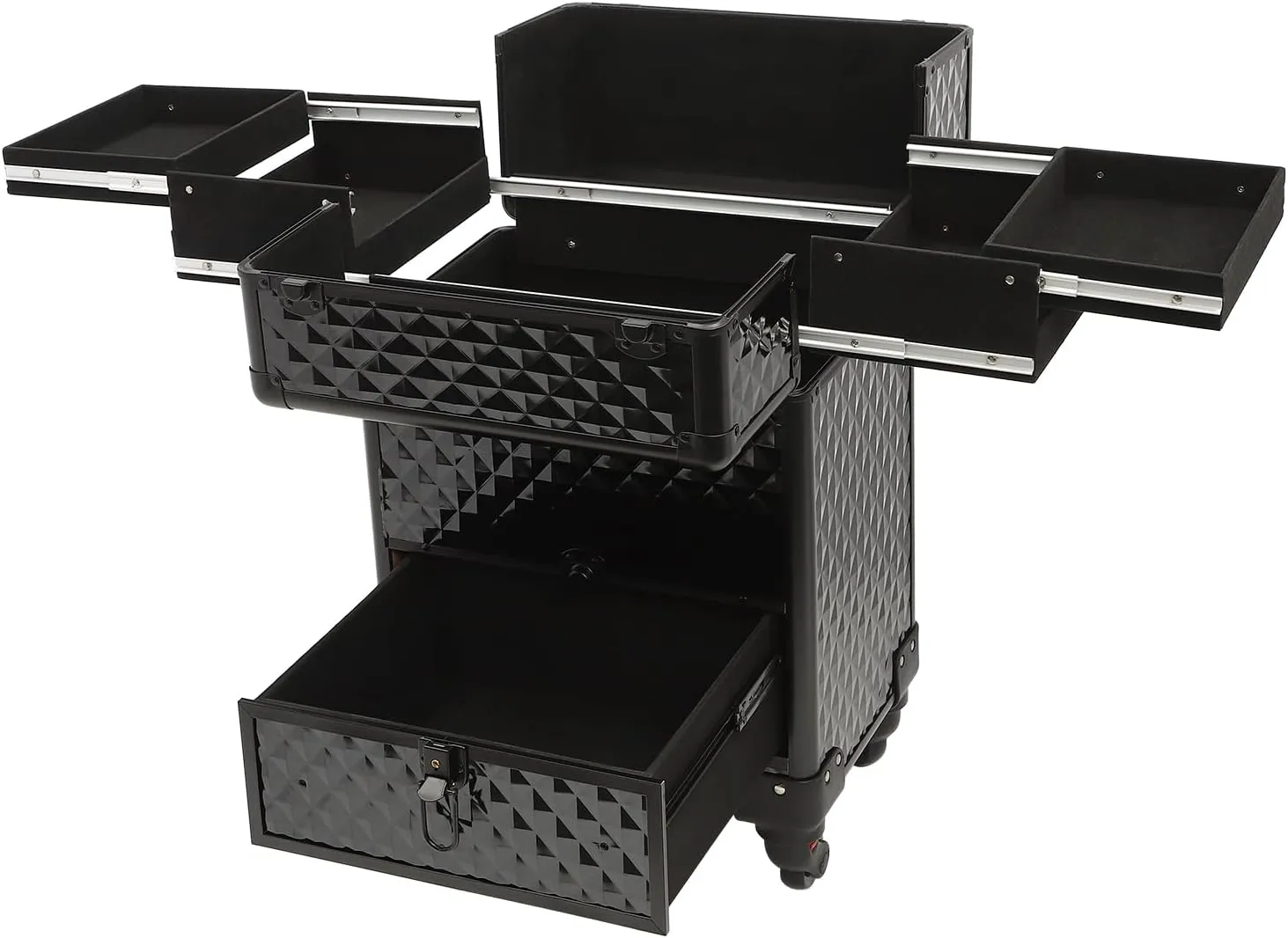Rolling Makeup Case with Drawer Cosmetic Trolley 3 Tier Travel Cosmetic Organizer on Wheels Salon Barber Case for Makeup Artist Tattooist Nail Tech Hairstylists (Black)