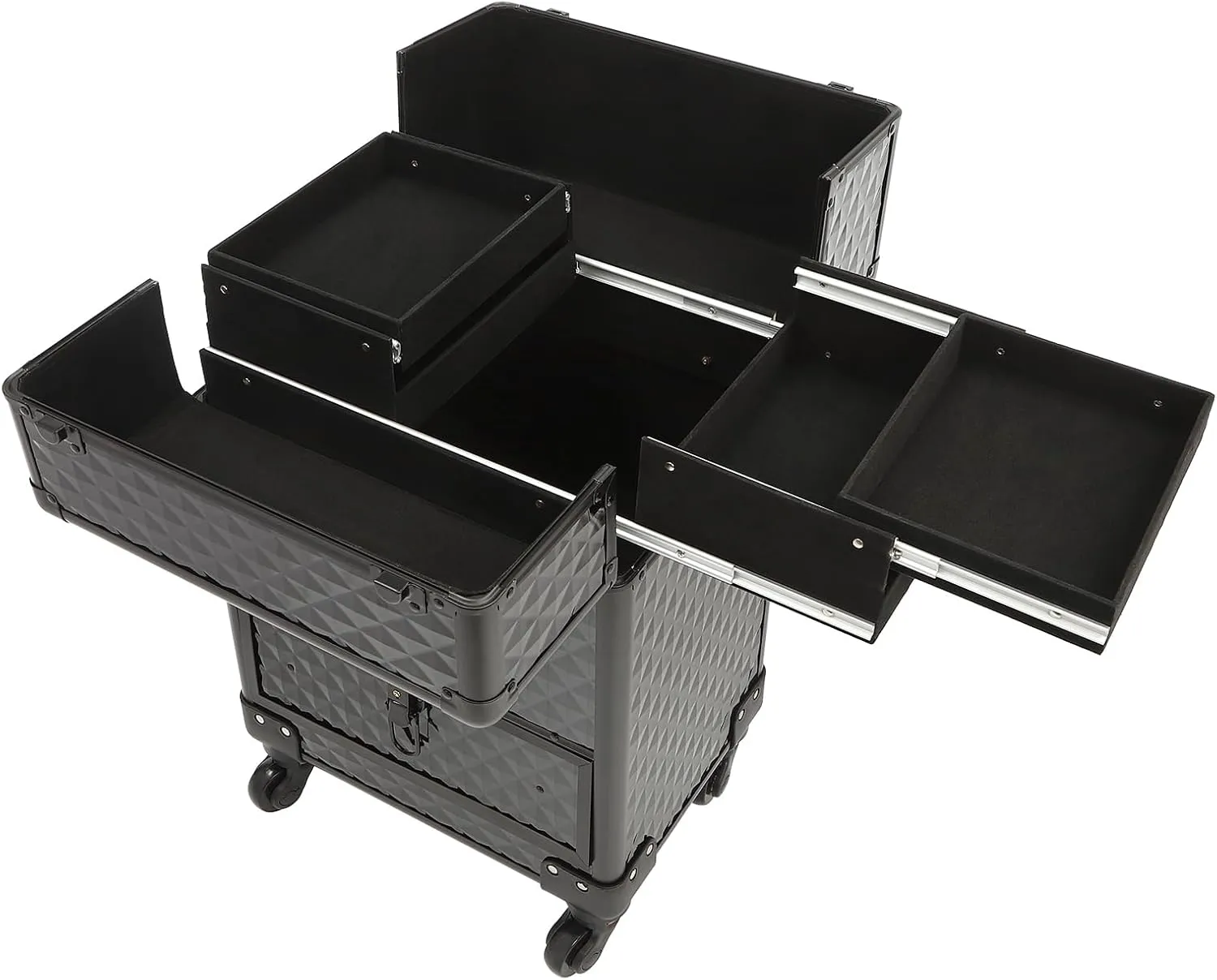 Rolling Makeup Case with Drawer Cosmetic Trolley 3 Tier Travel Cosmetic Organizer on Wheels Salon Barber Case for Makeup Artist Tattooist Nail Tech Hairstylists (Black)