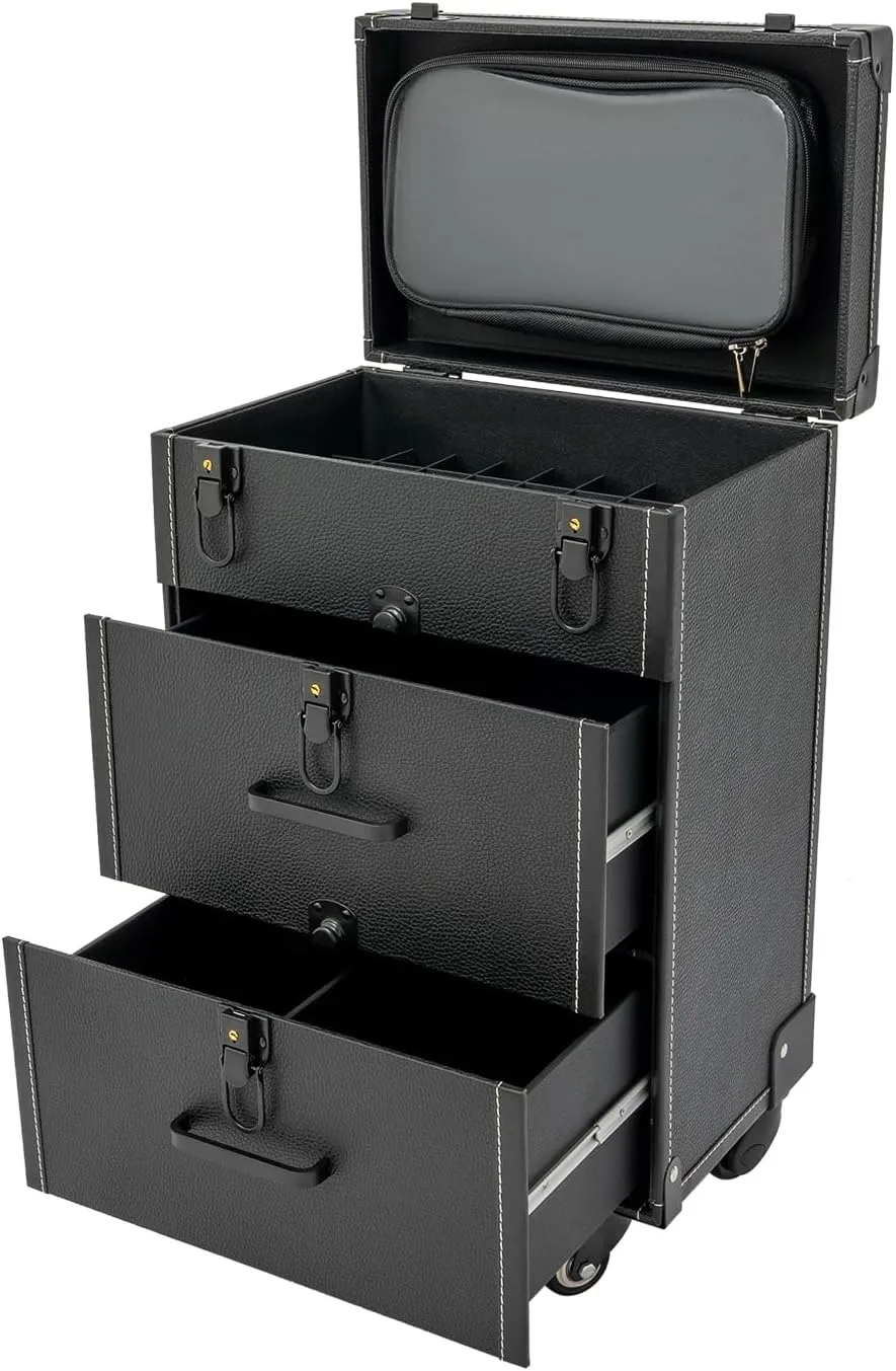 Rolling Makeup Case with Drawers & 4 Wheel, Cosmetic Trolley, Portable Beauty/Nail/Hair Styling Travel Cart, Manicure Storage Case (Black)