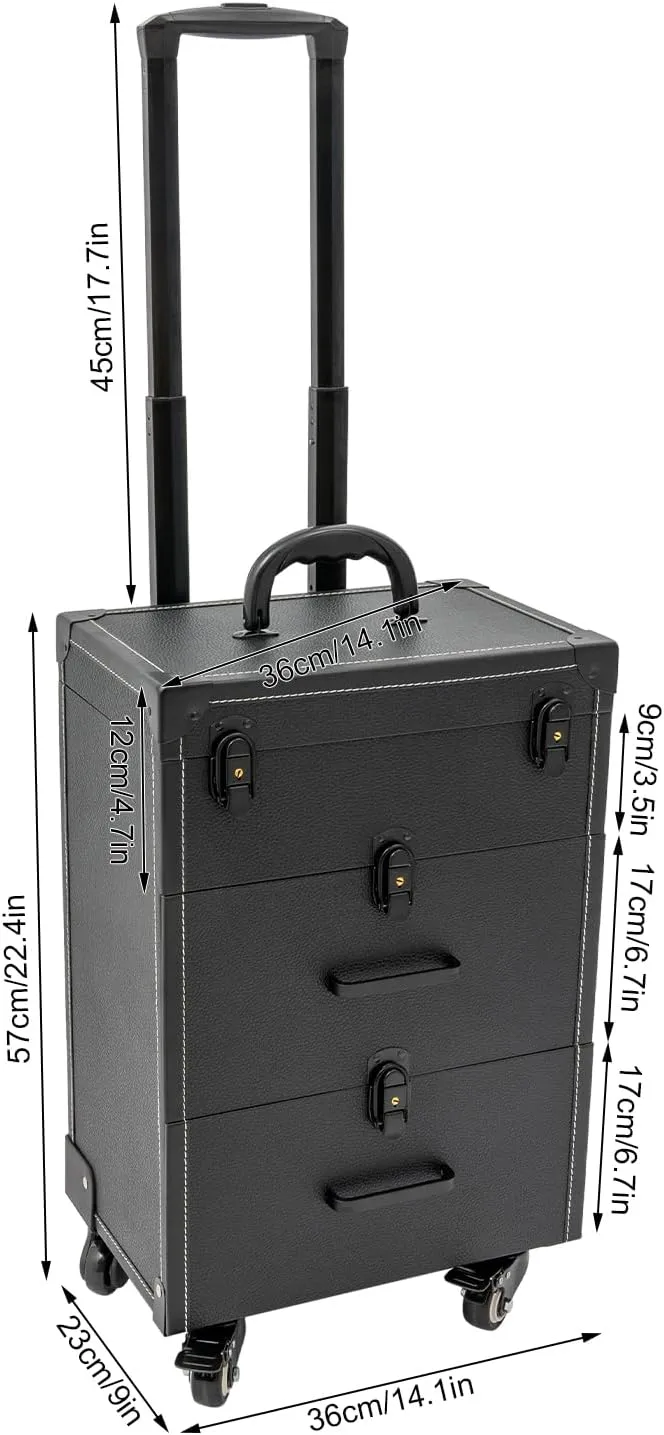 Rolling Makeup Case with Drawers & 4 Wheel, Cosmetic Trolley, Portable Beauty/Nail/Hair Styling Travel Cart, Manicure Storage Case (Black)