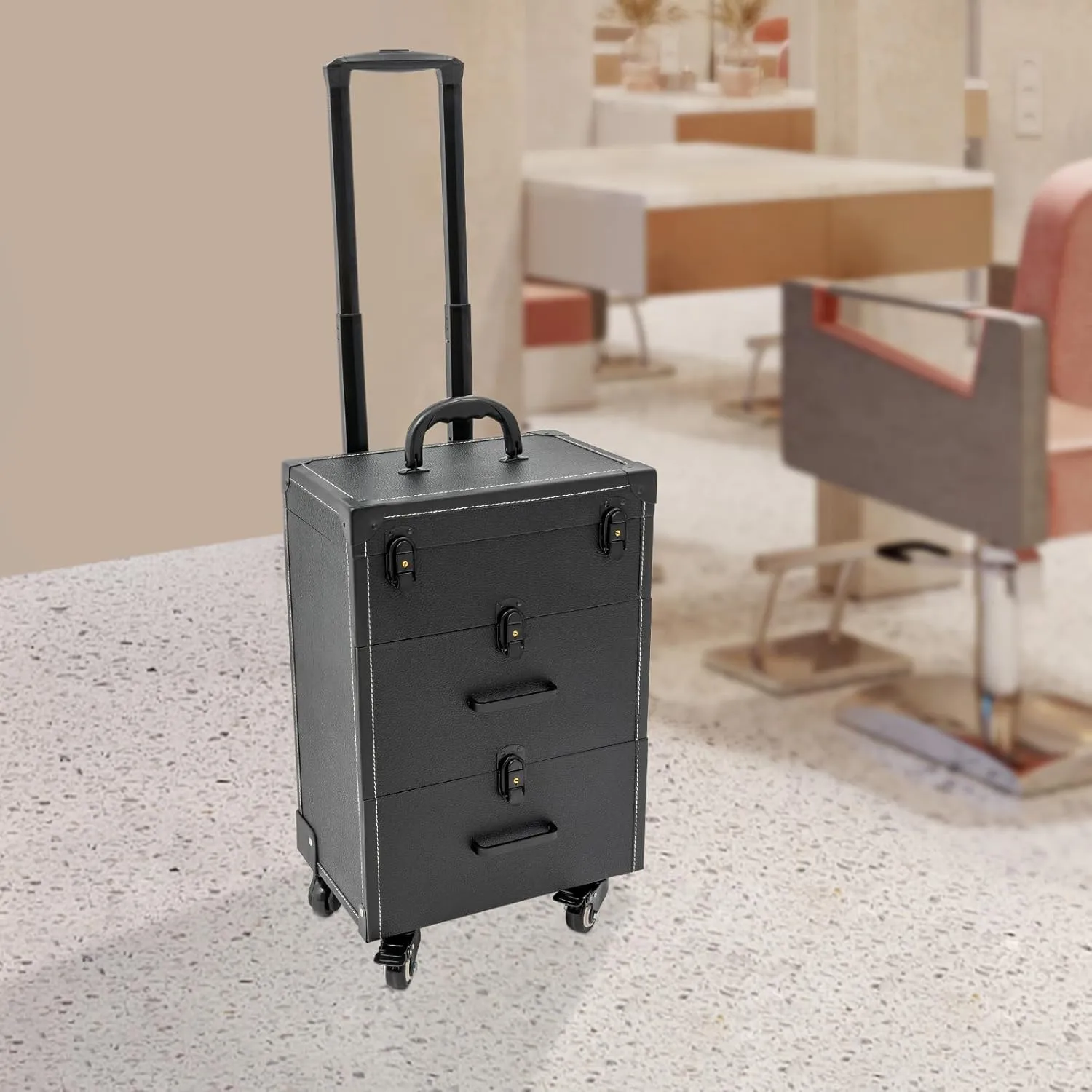 Rolling Makeup Case with Drawers & 4 Wheel, Cosmetic Trolley, Portable Beauty/Nail/Hair Styling Travel Cart, Manicure Storage Case (Black)
