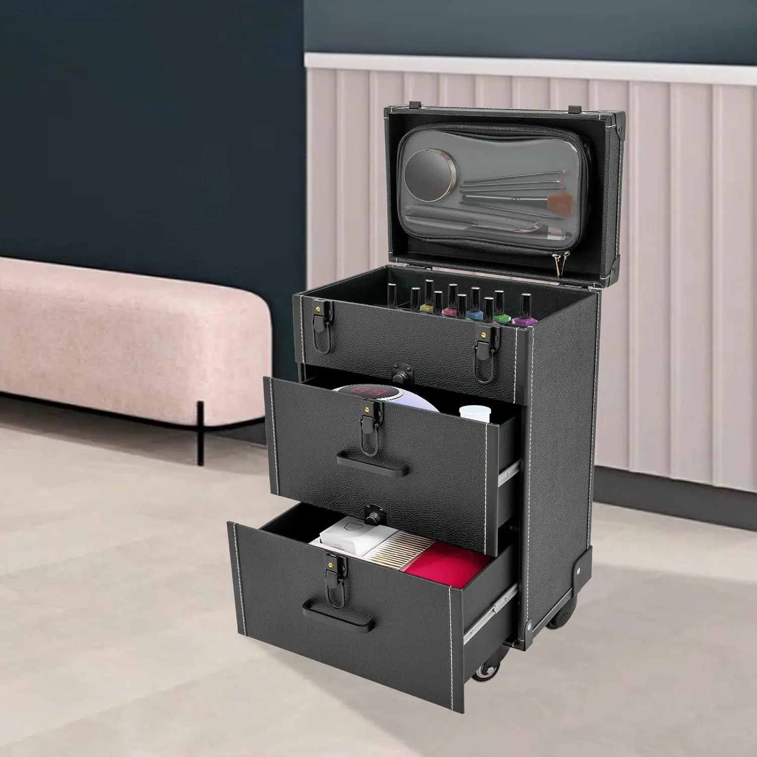 Rolling Makeup Case with Drawers & 4 Wheel, Cosmetic Trolley, Portable Beauty/Nail/Hair Styling Travel Cart, Manicure Storage Case (Black)