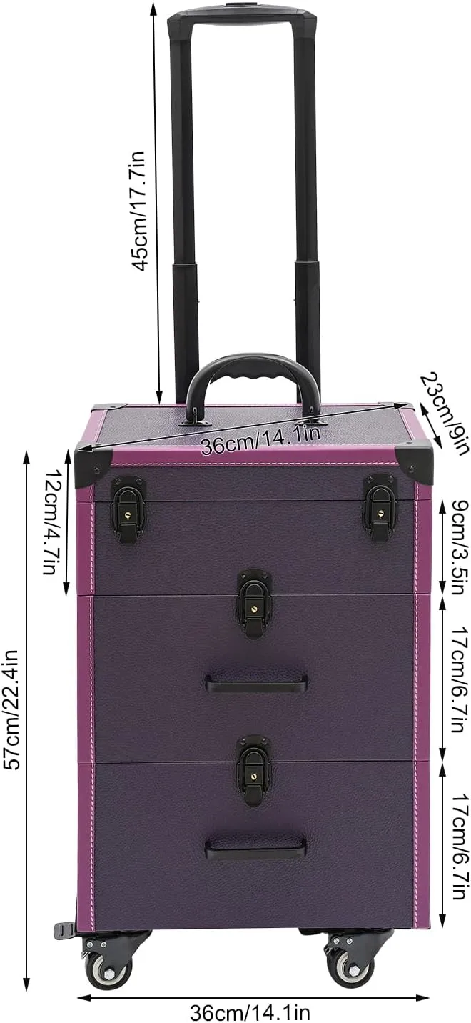 Rolling Makeup Case with Drawers&4 Wheel, Cosmetic Case Trolley, Make Up Suitcase Cosmetic Trolley, Portable Beauty/Nail/Hair Styling Travelling Cart Trunk, Manicure Storage Case (Purple Black Color)