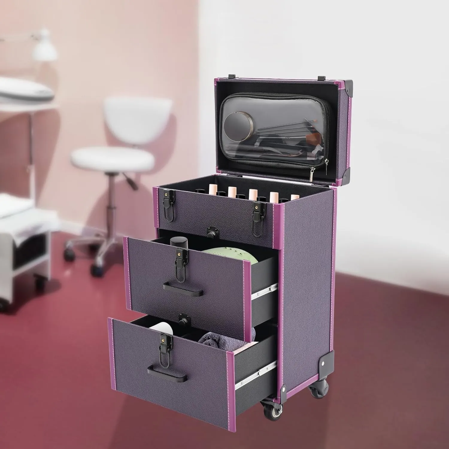 Rolling Makeup Case with Drawers&4 Wheel, Cosmetic Case Trolley, Make Up Suitcase Cosmetic Trolley, Portable Beauty/Nail/Hair Styling Travelling Cart Trunk, Manicure Storage Case (Purple Black Color)