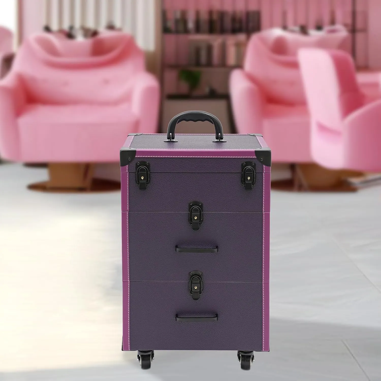 Rolling Makeup Case with Drawers&4 Wheel, Cosmetic Case Trolley, Make Up Suitcase Cosmetic Trolley, Portable Beauty/Nail/Hair Styling Travelling Cart Trunk, Manicure Storage Case (Purple Black Color)