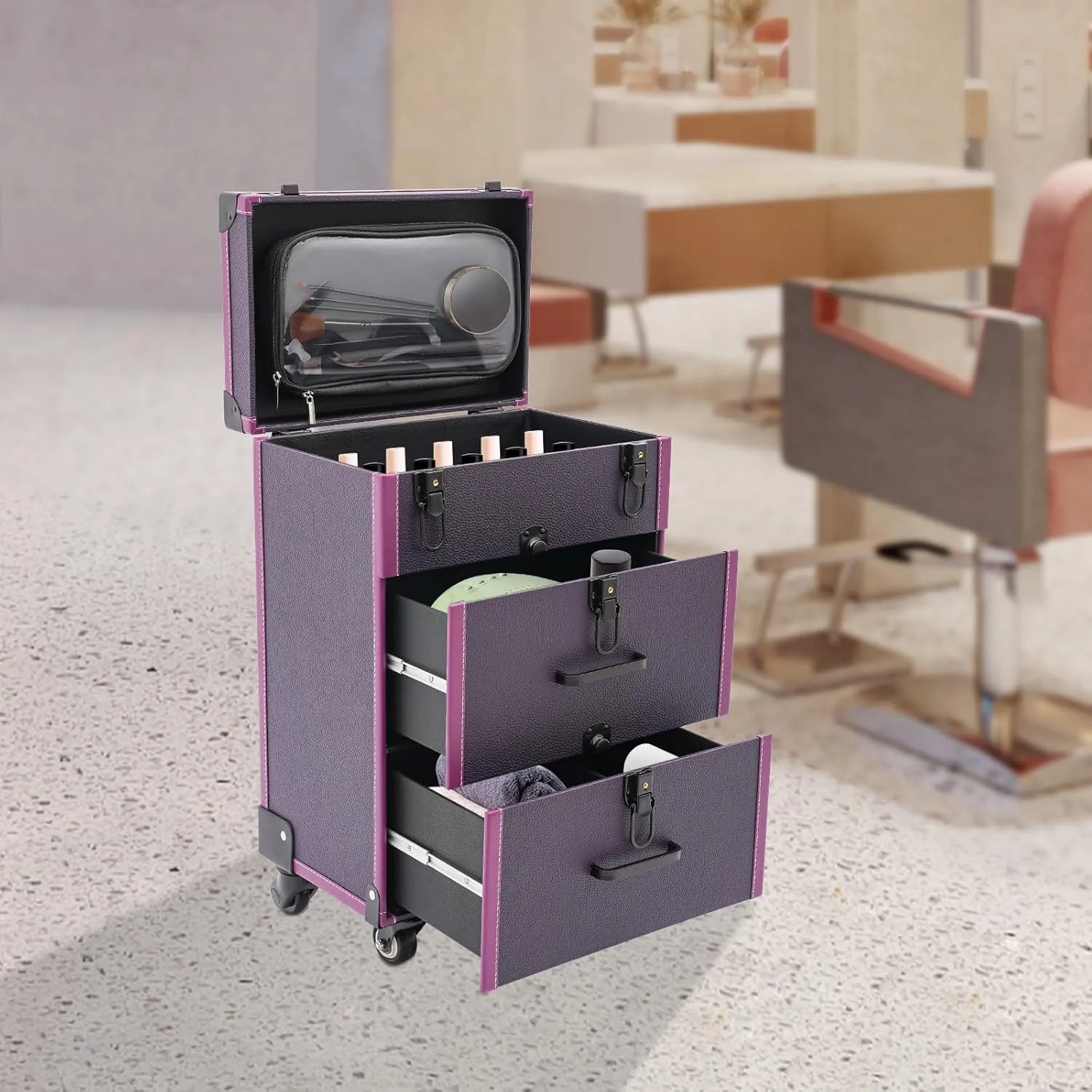Rolling Makeup Case with Drawers&4 Wheel, Cosmetic Case Trolley, Make Up Suitcase Cosmetic Trolley, Portable Beauty/Nail/Hair Styling Travelling Cart Trunk, Manicure Storage Case (Purple Black Color)