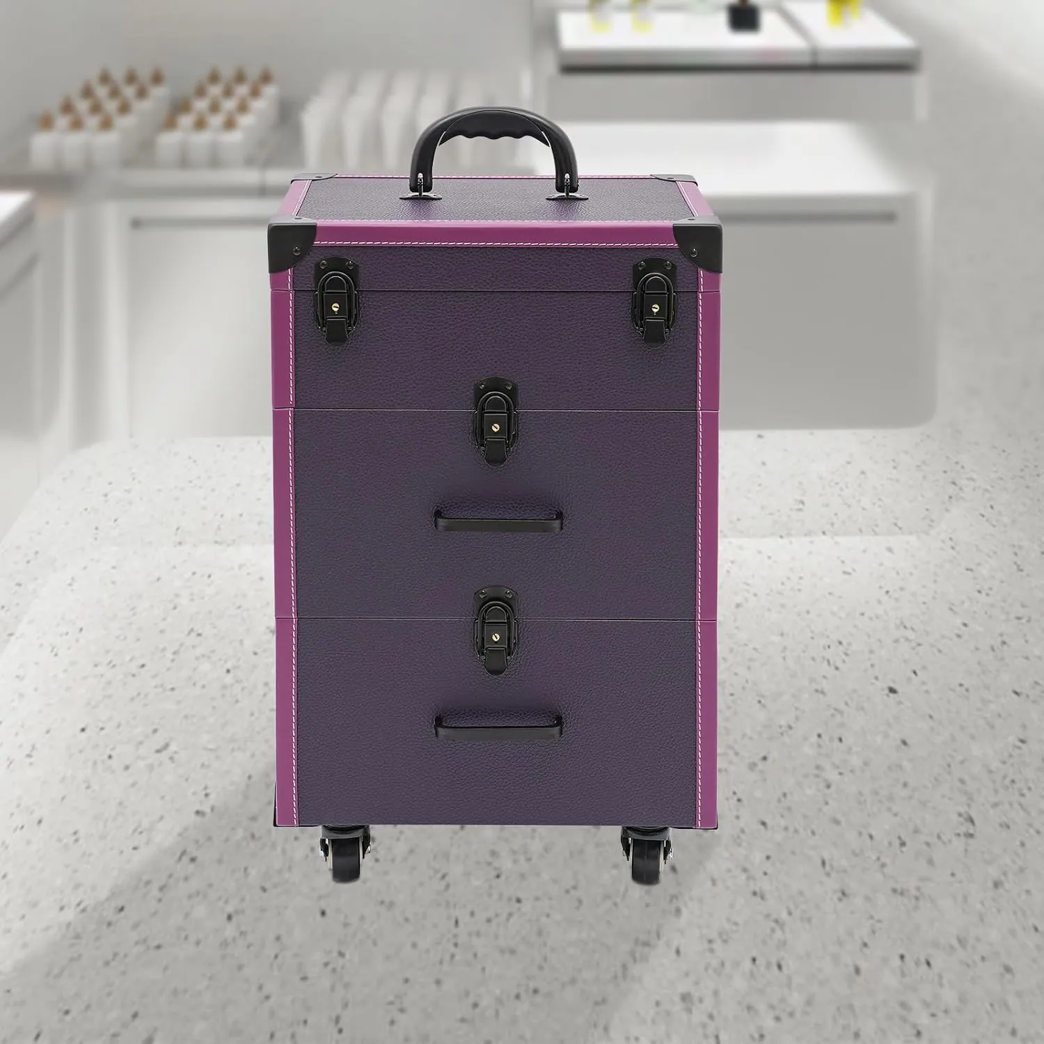 Rolling Makeup Case with Drawers&4 Wheel, Cosmetic Case Trolley, Make Up Suitcase Cosmetic Trolley, Portable Beauty/Nail/Hair Styling Travelling Cart Trunk, Manicure Storage Case (Purple Black Color)
