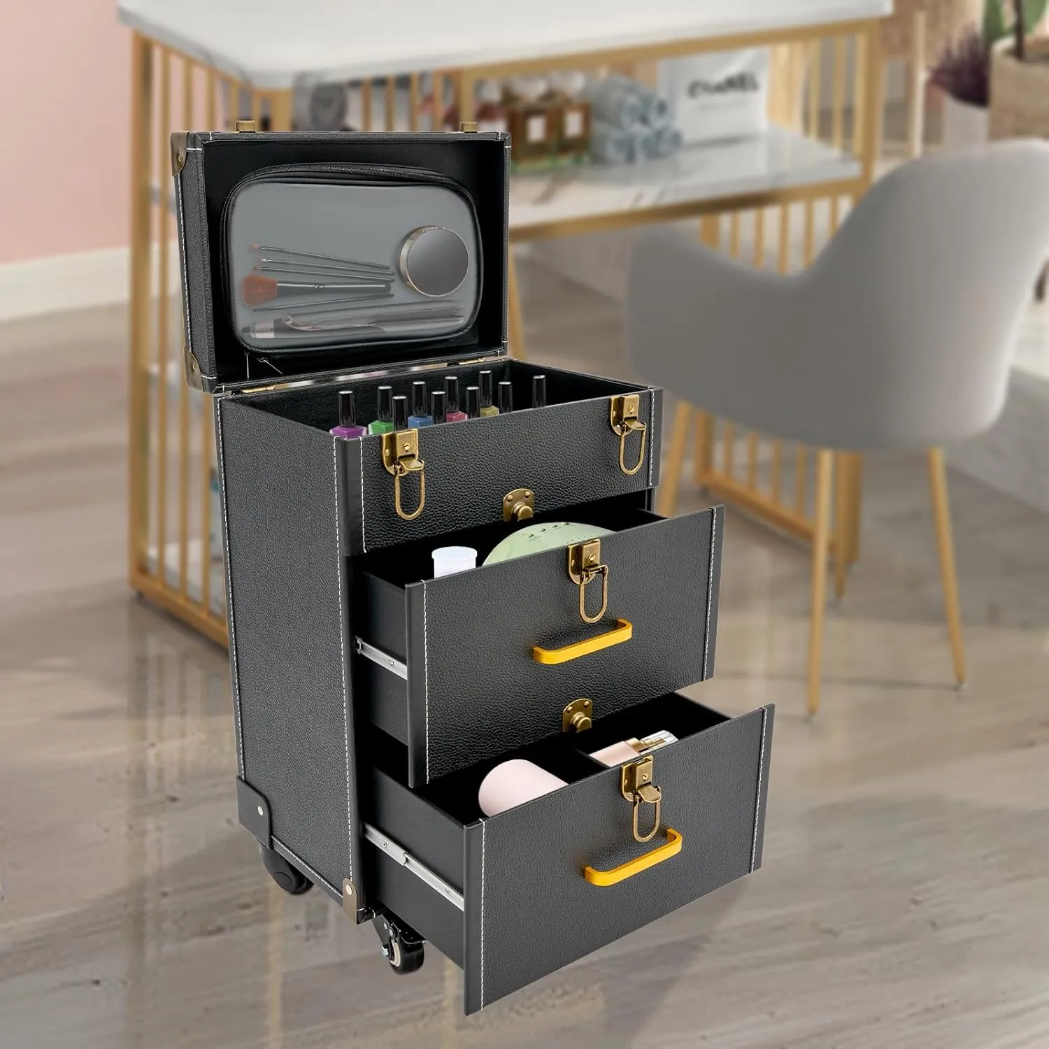 Rolling Makeup Case with Drawers&4 Wheel, Cosmetic Case Trolley, Make Up Suitcase Cosmetic Trolley, Portable Multifunction Makeup Suitcase, Jewelry Travel Cosmetic Train Case (Black Bronze Color)