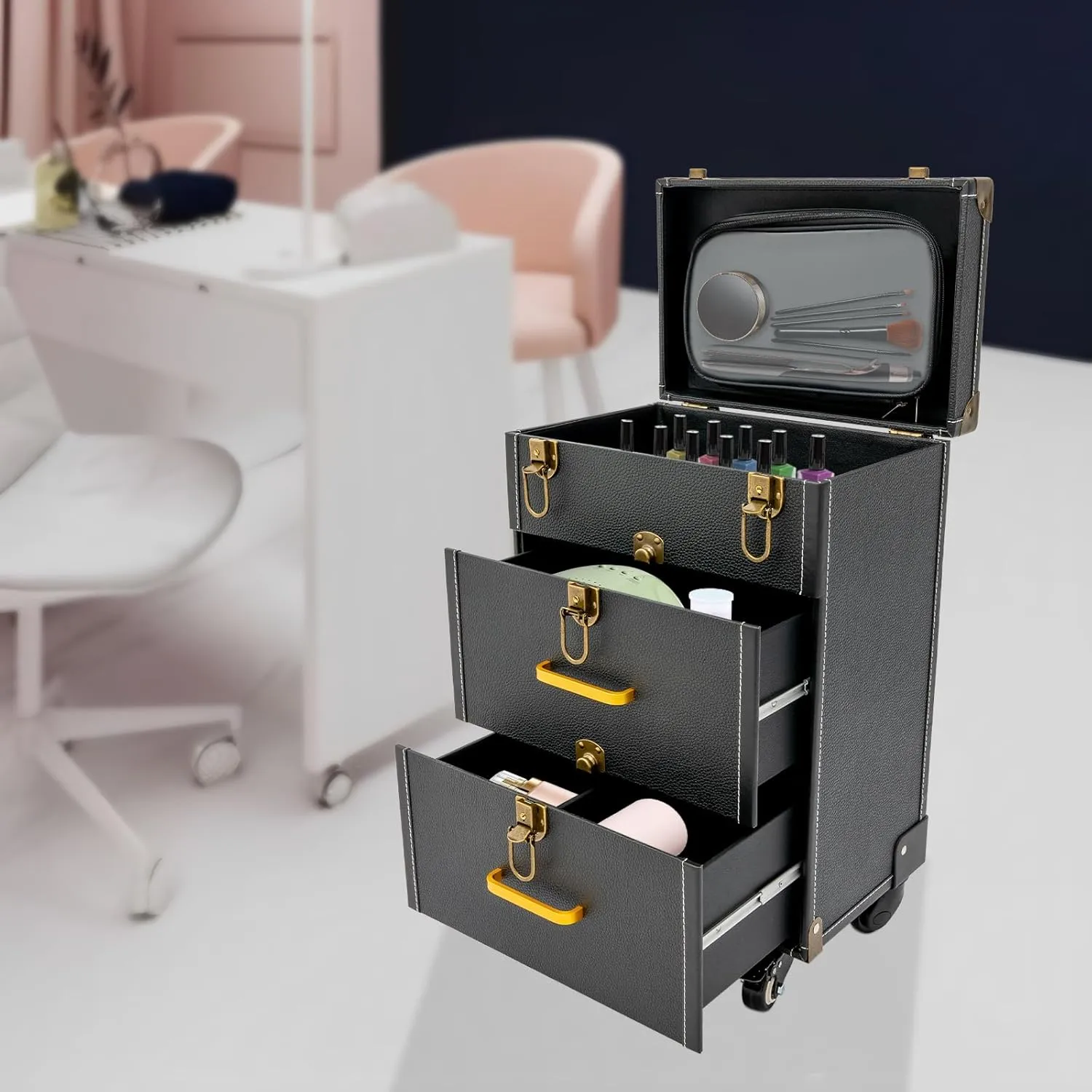 Rolling Makeup Case with Drawers&4 Wheel, Cosmetic Case Trolley, Make Up Suitcase Cosmetic Trolley, Portable Multifunction Makeup Suitcase, Jewelry Travel Cosmetic Train Case (Black Bronze Color)