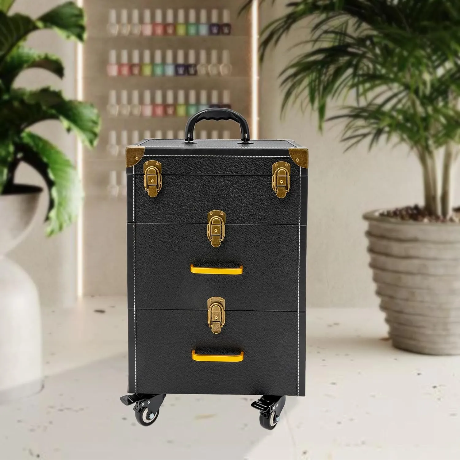 Rolling Makeup Case with Drawers&4 Wheel, Cosmetic Case Trolley, Make Up Suitcase Cosmetic Trolley, Portable Multifunction Makeup Suitcase, Jewelry Travel Cosmetic Train Case (Black Bronze Color)