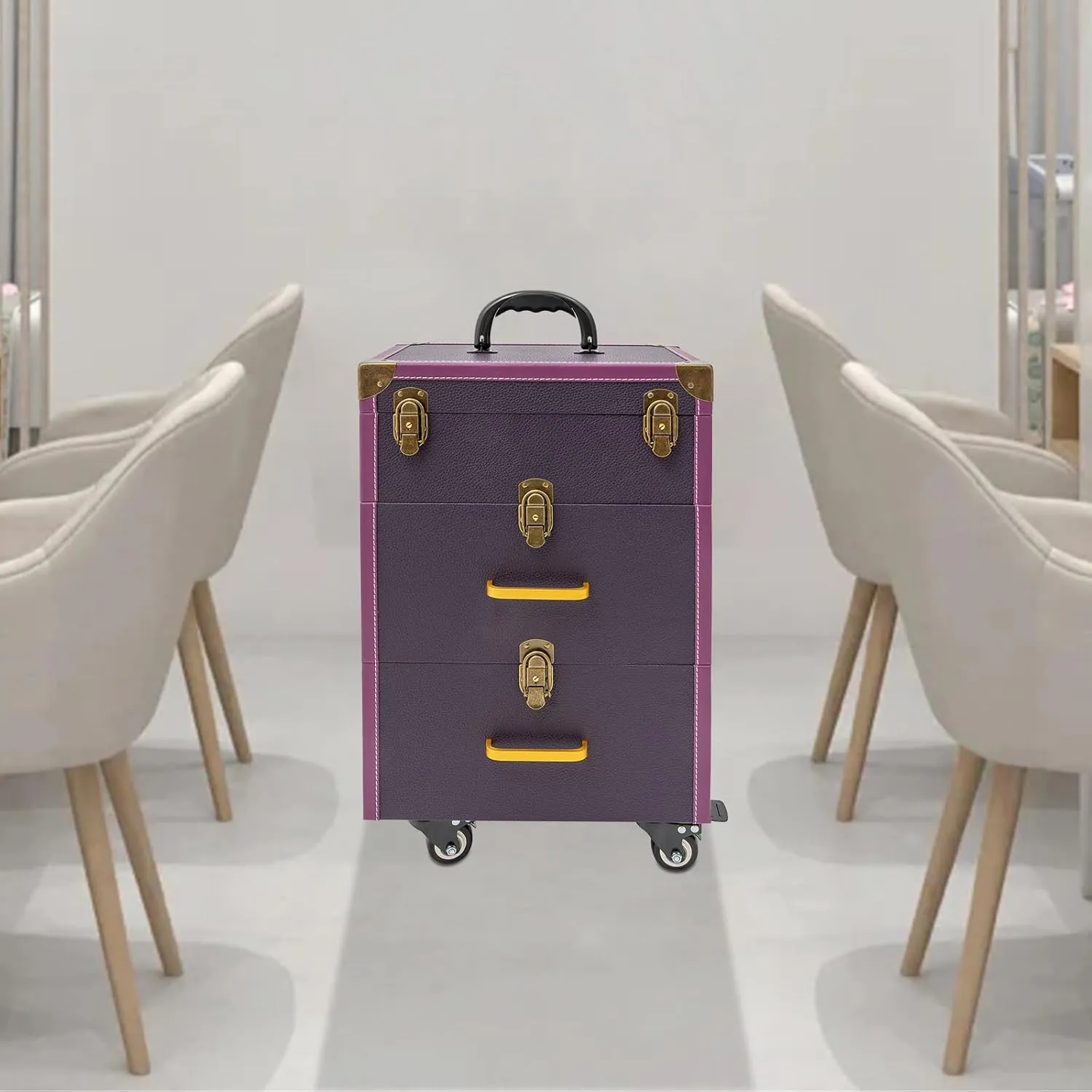 Rolling Makeup Case with Drawers&4 Wheel, Cosmetic Case Trolley, Make Up Suitcase Cosmetic Trolley, Portable Multifunction Makeup Suitcase, Jewelry Travel Cosmetic Train Case (Purple Bronze Color)