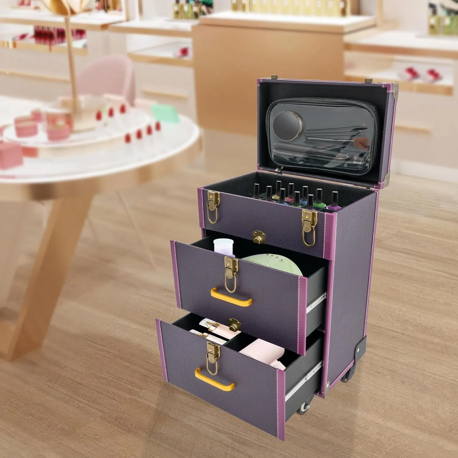 Rolling Makeup Case with Drawers&4 Wheel, Cosmetic Case Trolley, Make Up Suitcase Cosmetic Trolley, Portable Multifunction Makeup Suitcase, Jewelry Travel Cosmetic Train Case (Purple Bronze Color)