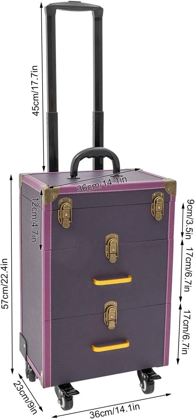 Rolling Makeup Case with Drawers&4 Wheel, Cosmetic Case Trolley, Make Up Suitcase Cosmetic Trolley, Portable Multifunction Makeup Suitcase, Jewelry Travel Cosmetic Train Case (Purple Bronze Color)