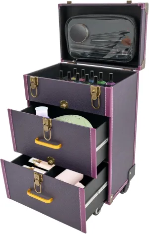 Rolling Makeup Case with Drawers&4 Wheel, Cosmetic Case Trolley, Make Up Suitcase Cosmetic Trolley, Portable Multifunction Makeup Suitcase, Jewelry Travel Cosmetic Train Case (Purple Bronze Color)