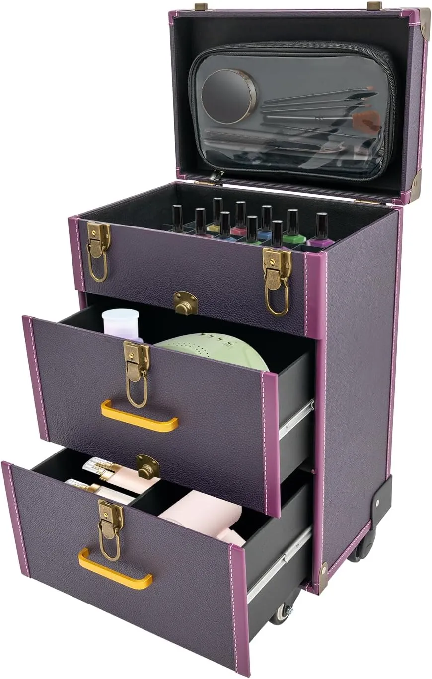 Rolling Makeup Case with Drawers&4 Wheel, Cosmetic Case Trolley, Make Up Suitcase Cosmetic Trolley, Portable Multifunction Makeup Suitcase, Jewelry Travel Cosmetic Train Case (Purple Bronze Color)