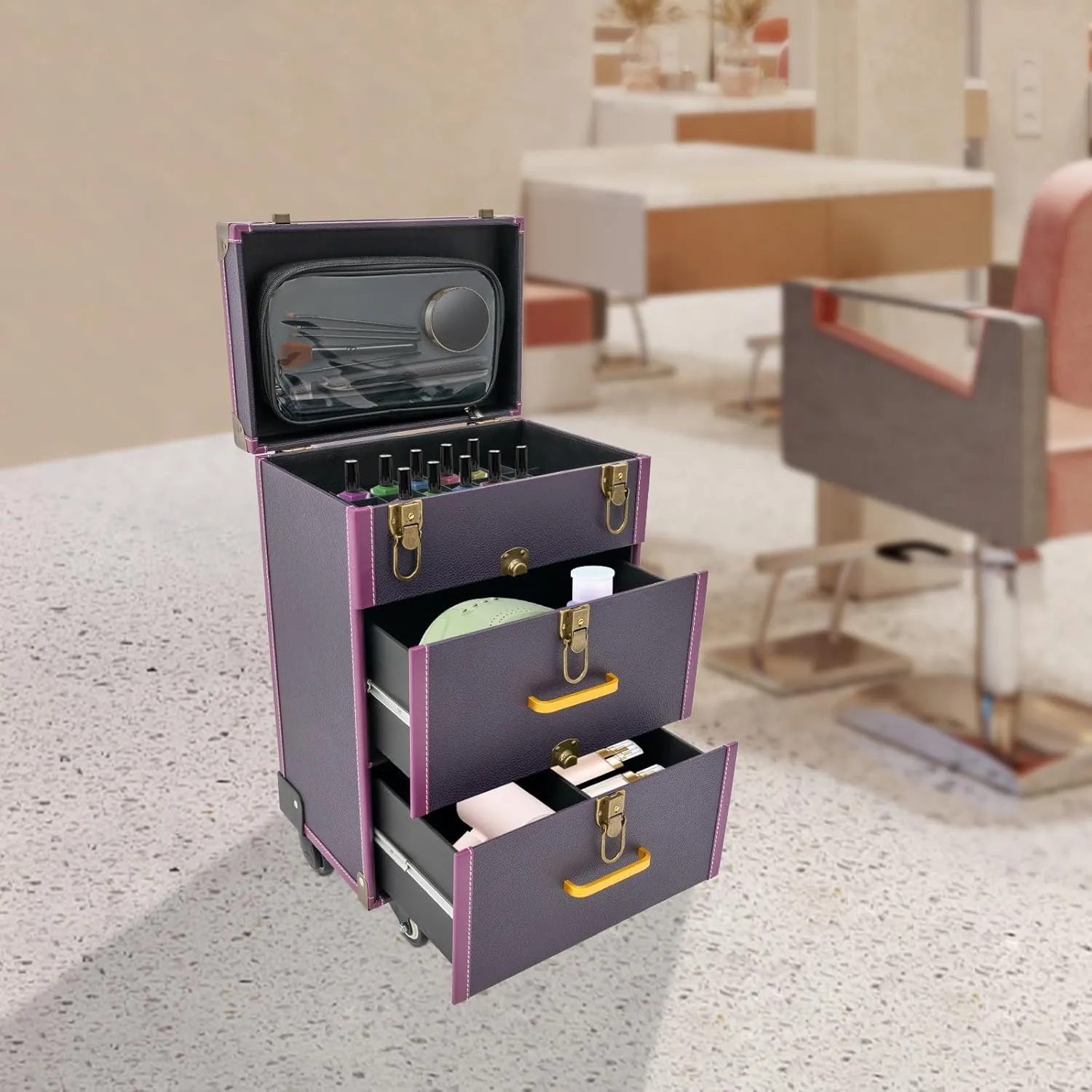 Rolling Makeup Case with Drawers&4 Wheel, Cosmetic Case Trolley, Make Up Suitcase Cosmetic Trolley, Portable Multifunction Makeup Suitcase, Jewelry Travel Cosmetic Train Case (Purple Bronze Color)