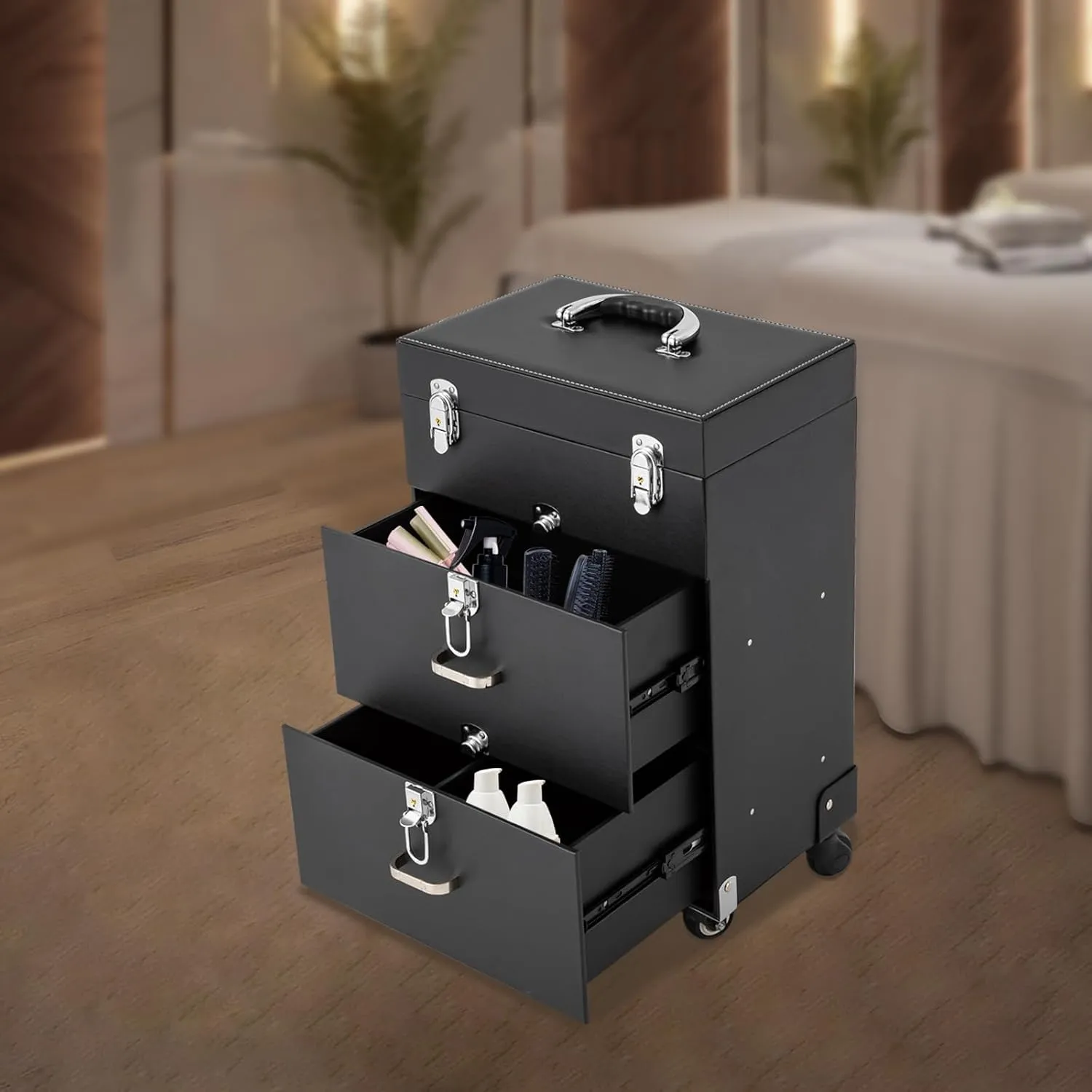 Rolling Makeup Train Case, 3 in 1 Makeup Train Case, Aluminum Trolley Train Case with 360° Swivel Wheels Cosmetic Storage Box, Travel Beauty Luggage Trolley Lockable (Black)