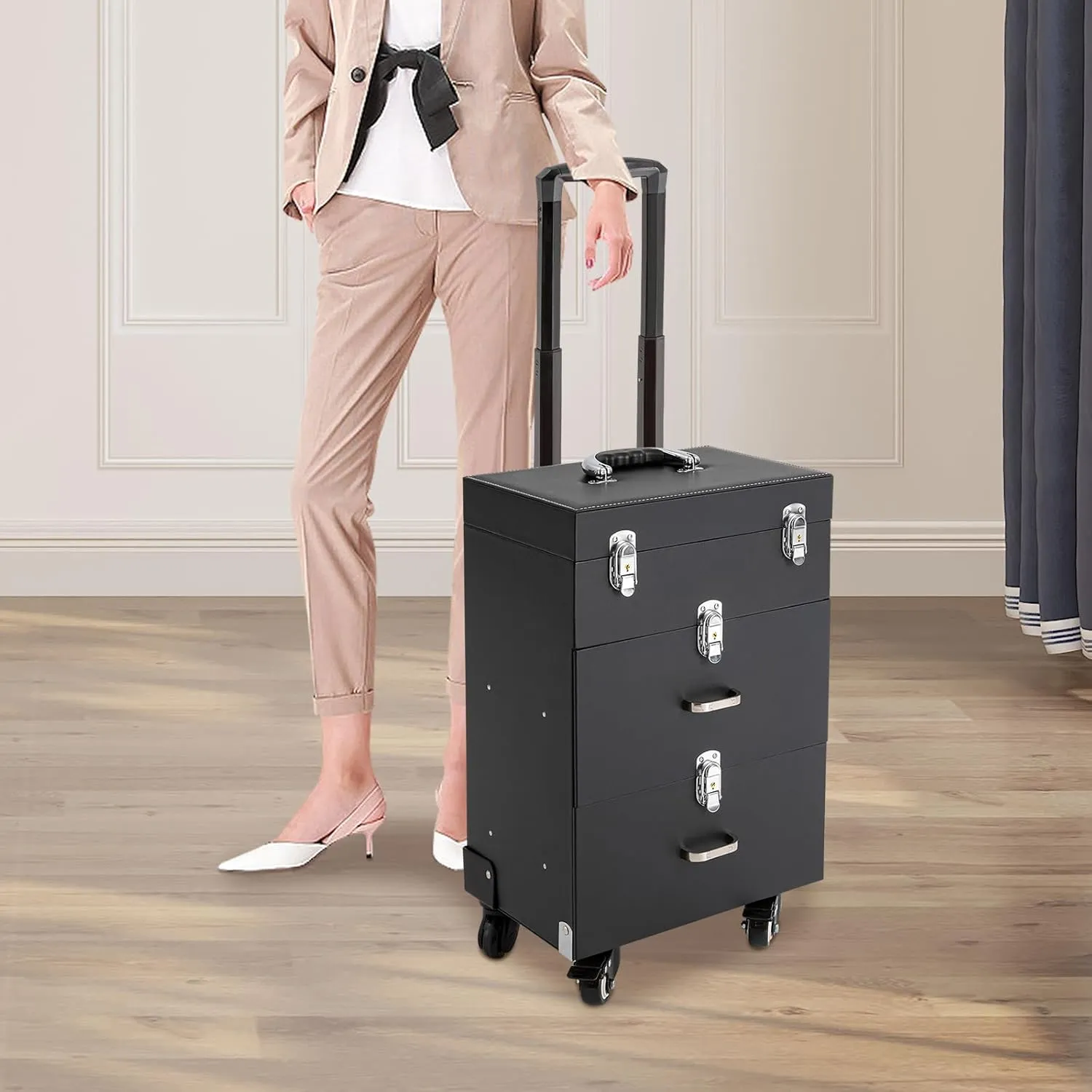 Rolling Makeup Train Case, 3 in 1 Makeup Train Case, Aluminum Trolley Train Case with 360° Swivel Wheels Cosmetic Storage Box, Travel Beauty Luggage Trolley Lockable (Black)