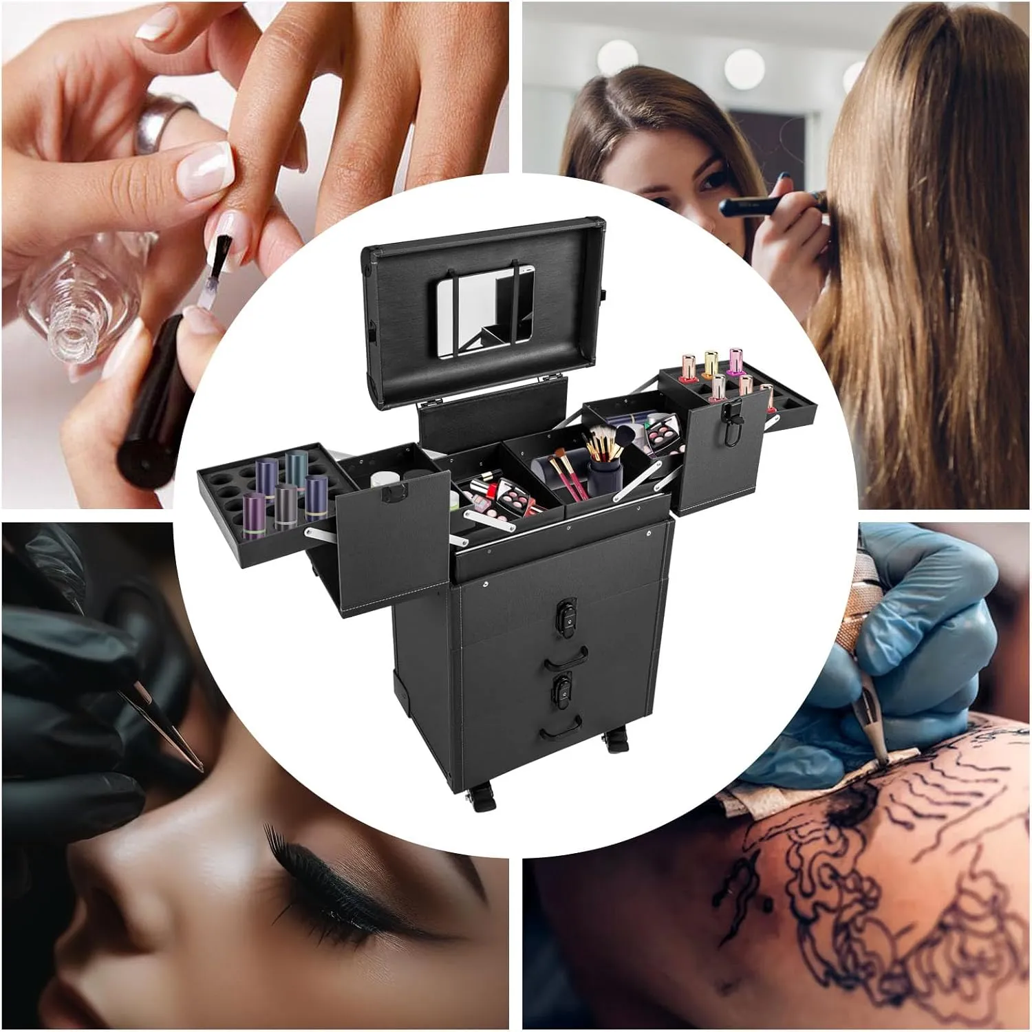 Rolling Makeup Train Case, Large Capacity Trolley Makeup Travel Case with Key Wheels, Professional Make Up Cosmetic Organizer for Make-Up Artists Hairdressers Nail Technicians Beauticians (Black)