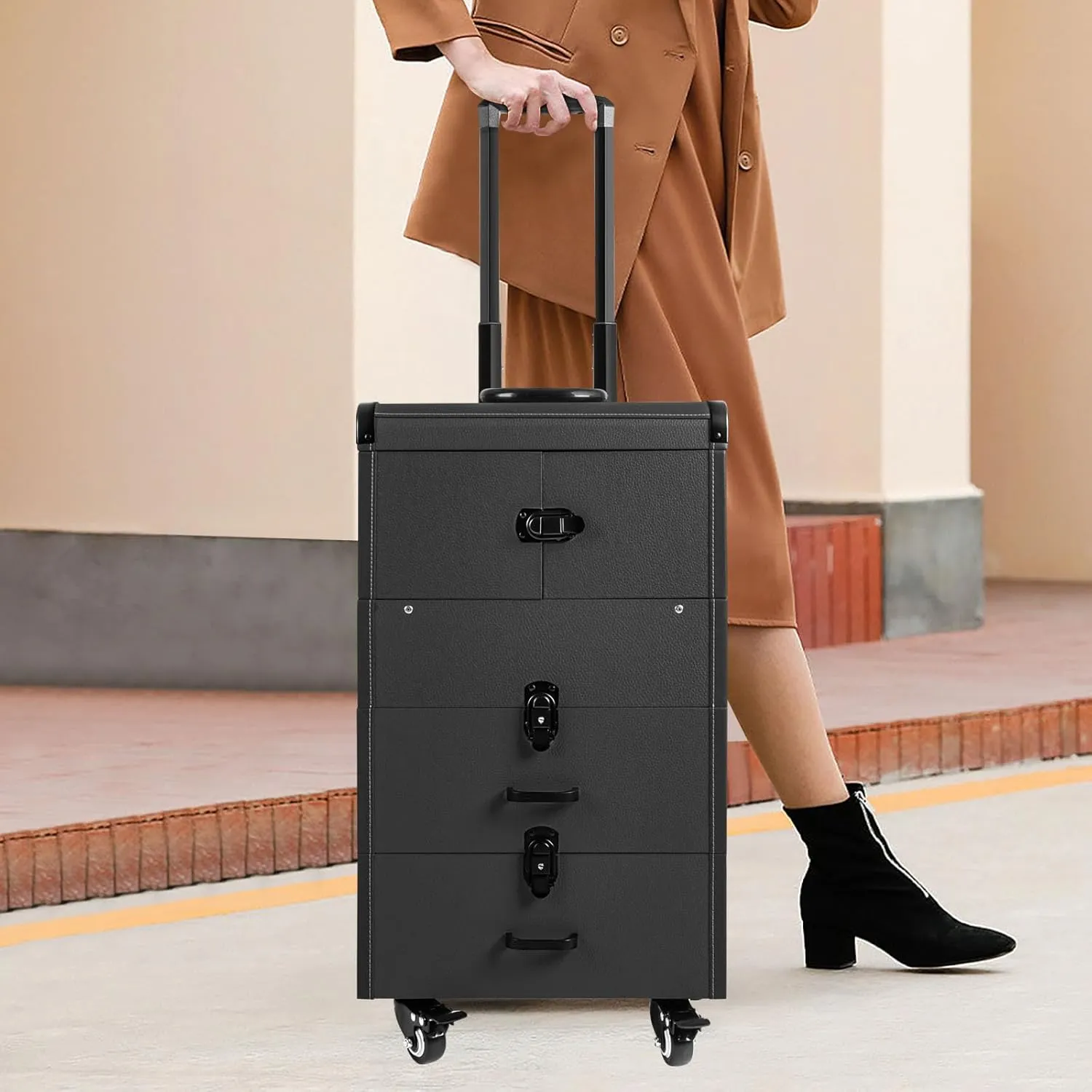 Rolling Makeup Train Case, Large Capacity Trolley Makeup Travel Case with Key Wheels, Professional Make Up Cosmetic Organizer for Make-Up Artists Hairdressers Nail Technicians Beauticians (Black)